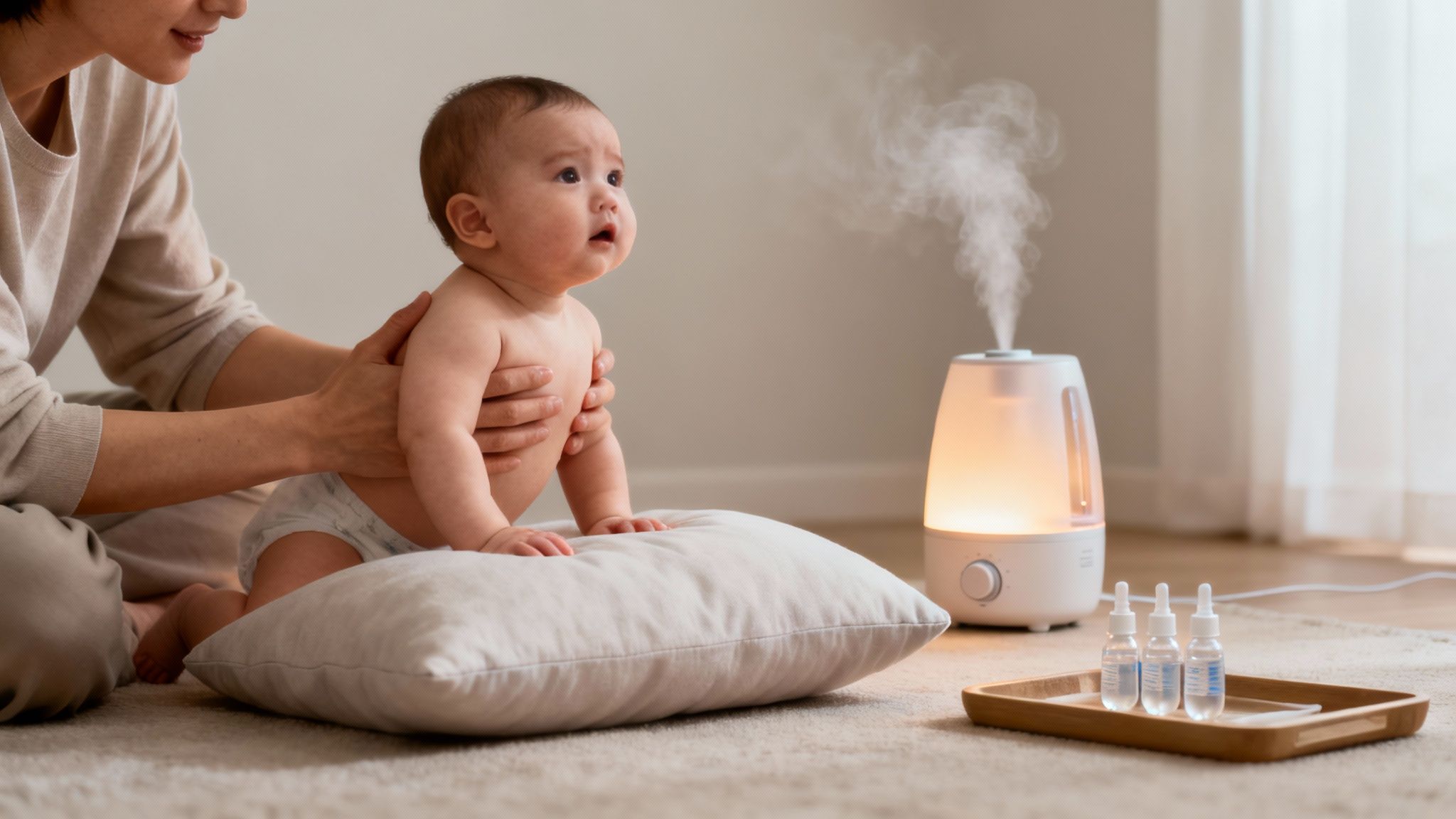 A mother gently supports her baby, who sits on a cushion while a humidifier creates mist.
