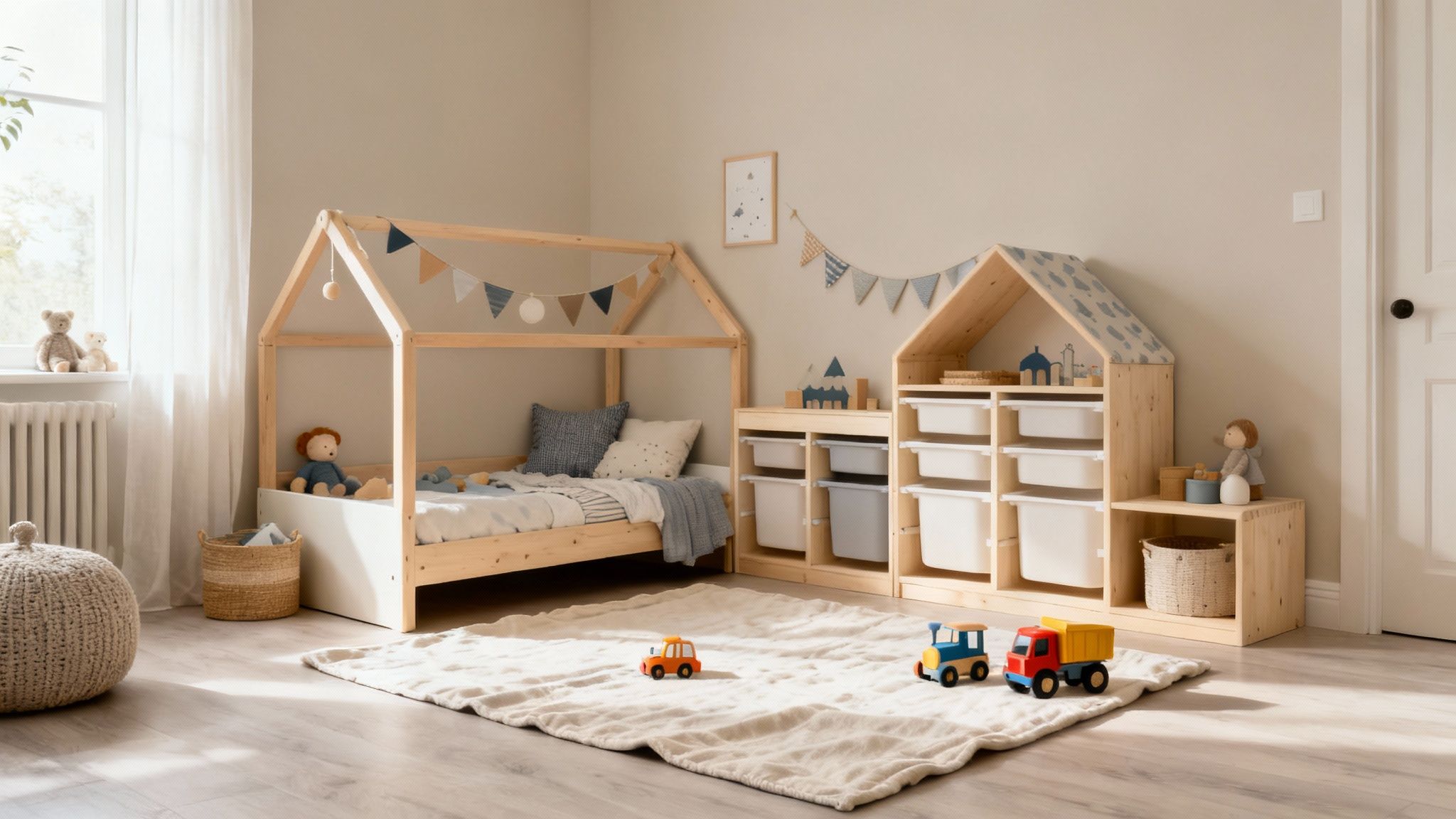 A bright, organized toddler's bedroom with a wooden house-frame bed, toy storage, and rug.