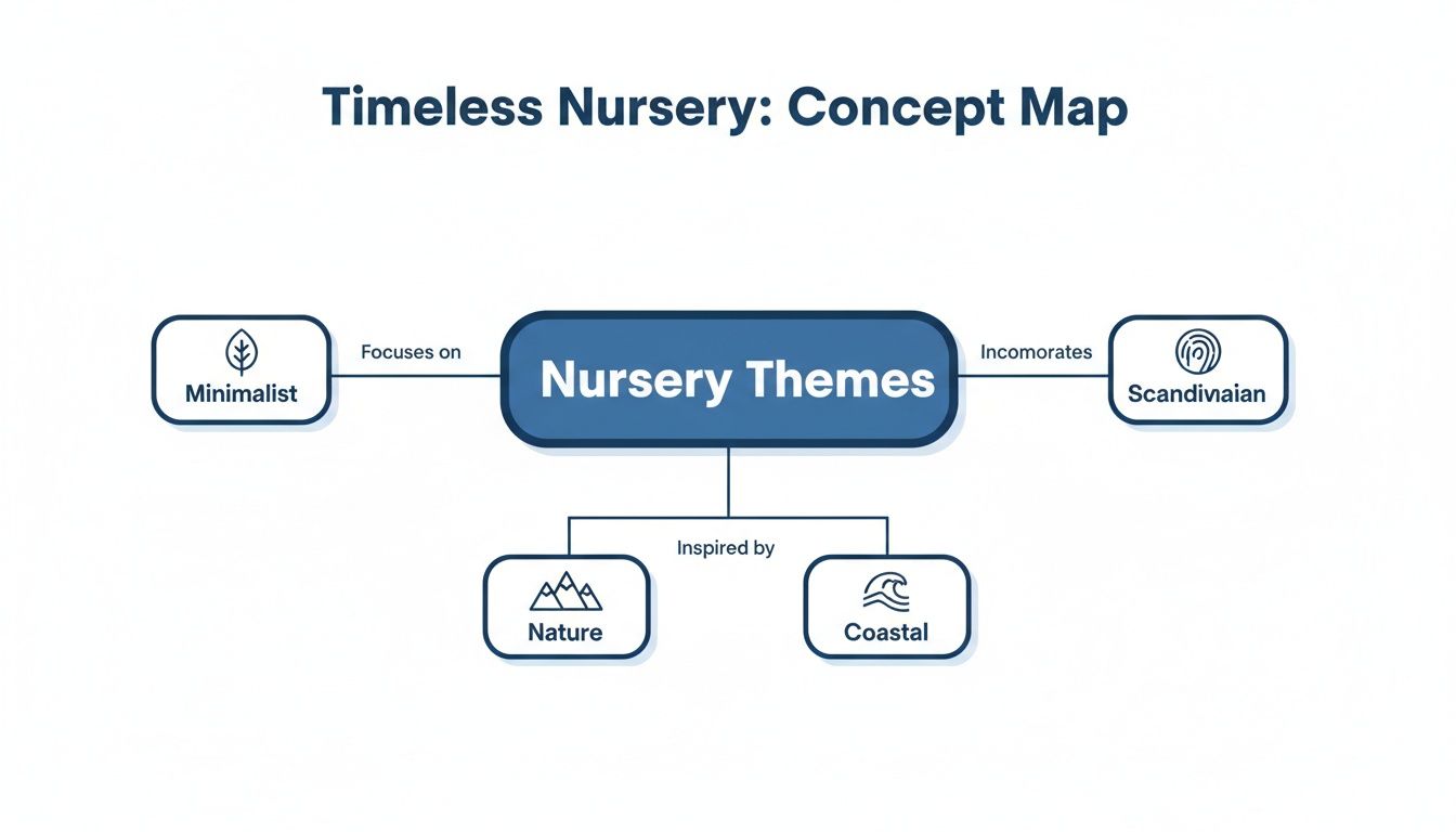 A concept map detailing timeless nursery themes, focusing on minimalist, Scandinavian, nature, and coastal inspirations.