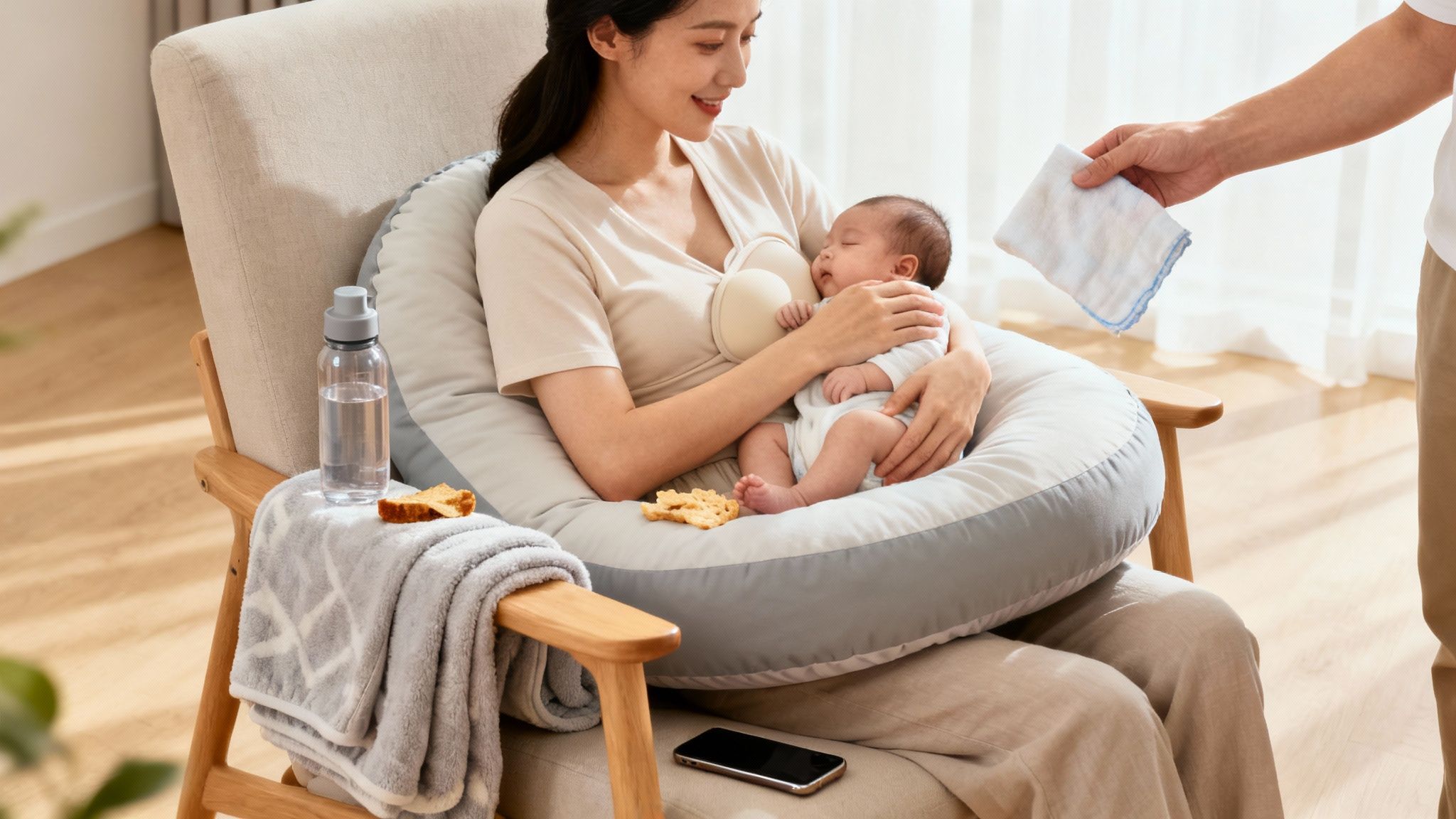 Smiling mother gently cradles her sleeping newborn using a nursing pillow, receiving help.