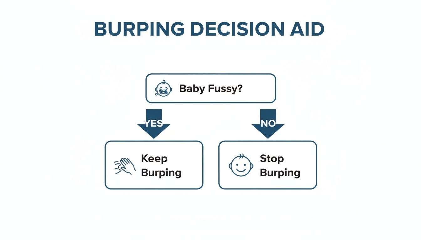 A burping decision aid flowchart. It asks 'Baby Fussy?', then directs to 'Keep Burping' for yes and 'Stop Burping' for no.
