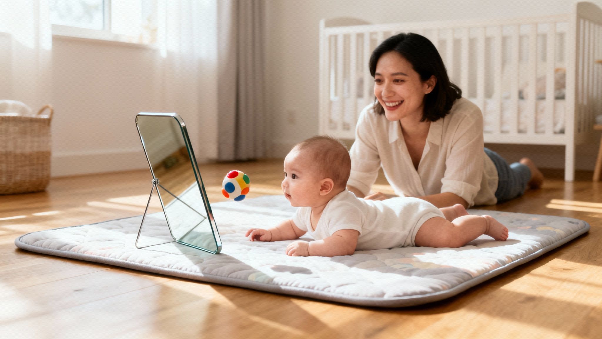 Happy baby on tummy time watching themselves in a mirror, supervised by their smiling mother.