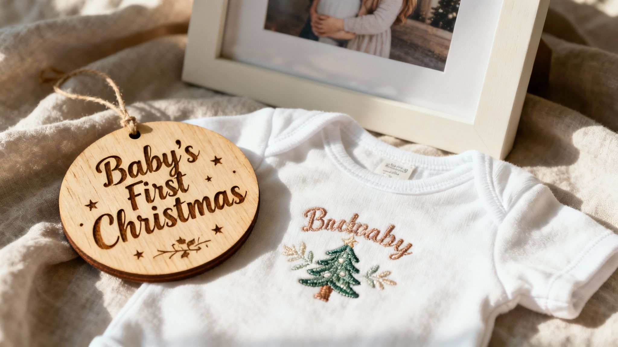 A baby holding a small 'Baby's First Christmas' ornament.