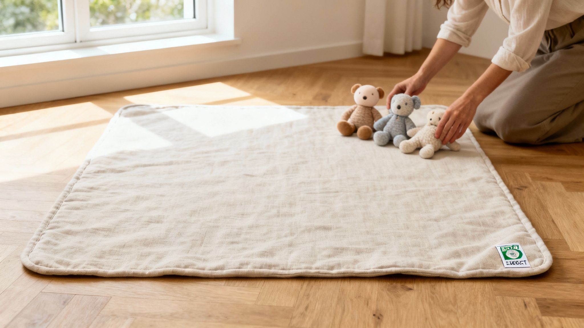 A person places three soft teddy bears on a beige play mat on a wooden floor by a window.
