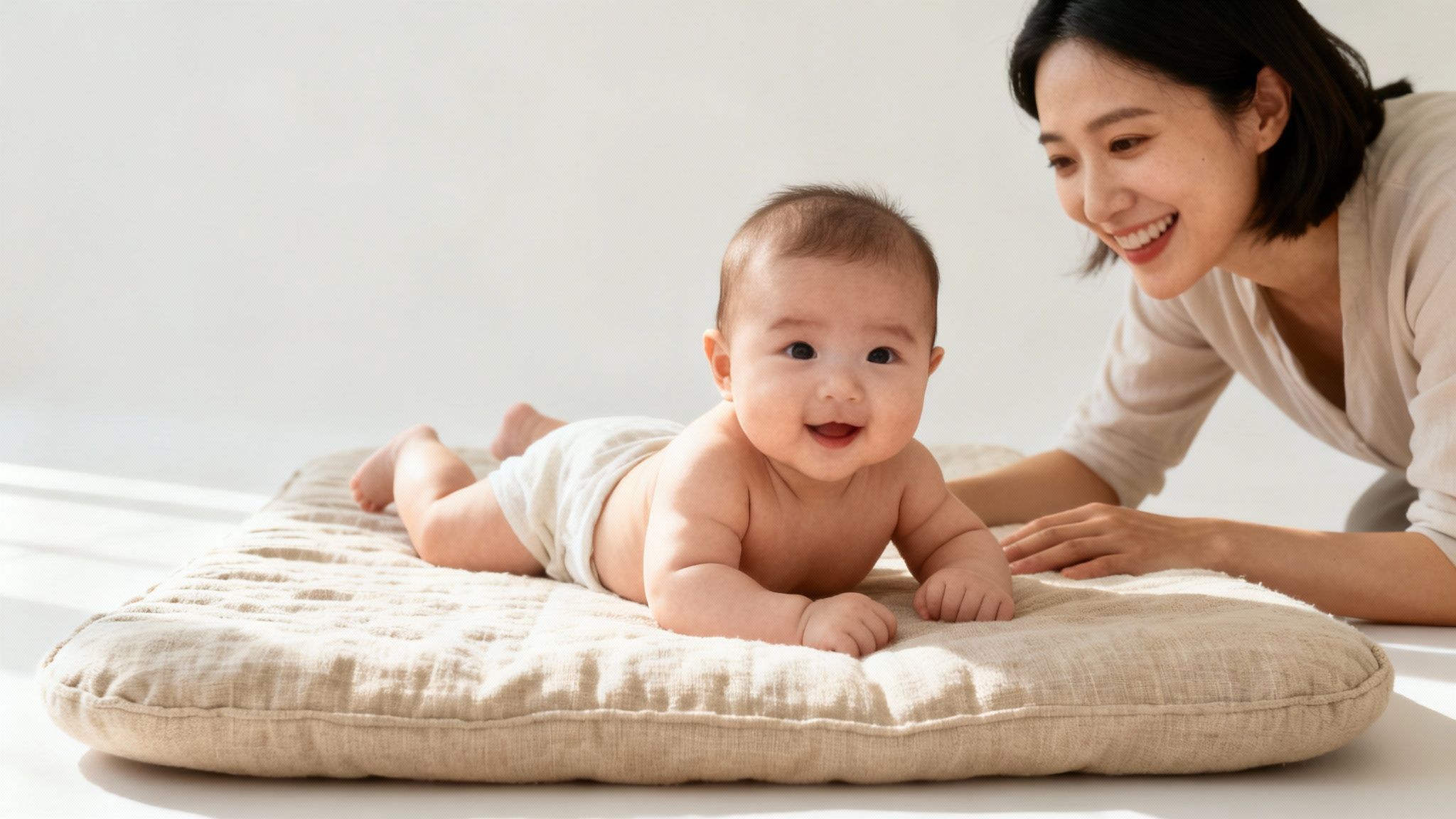 Smiling baby in diaper on a cushion doing tummy time, with a joyful mother watching.