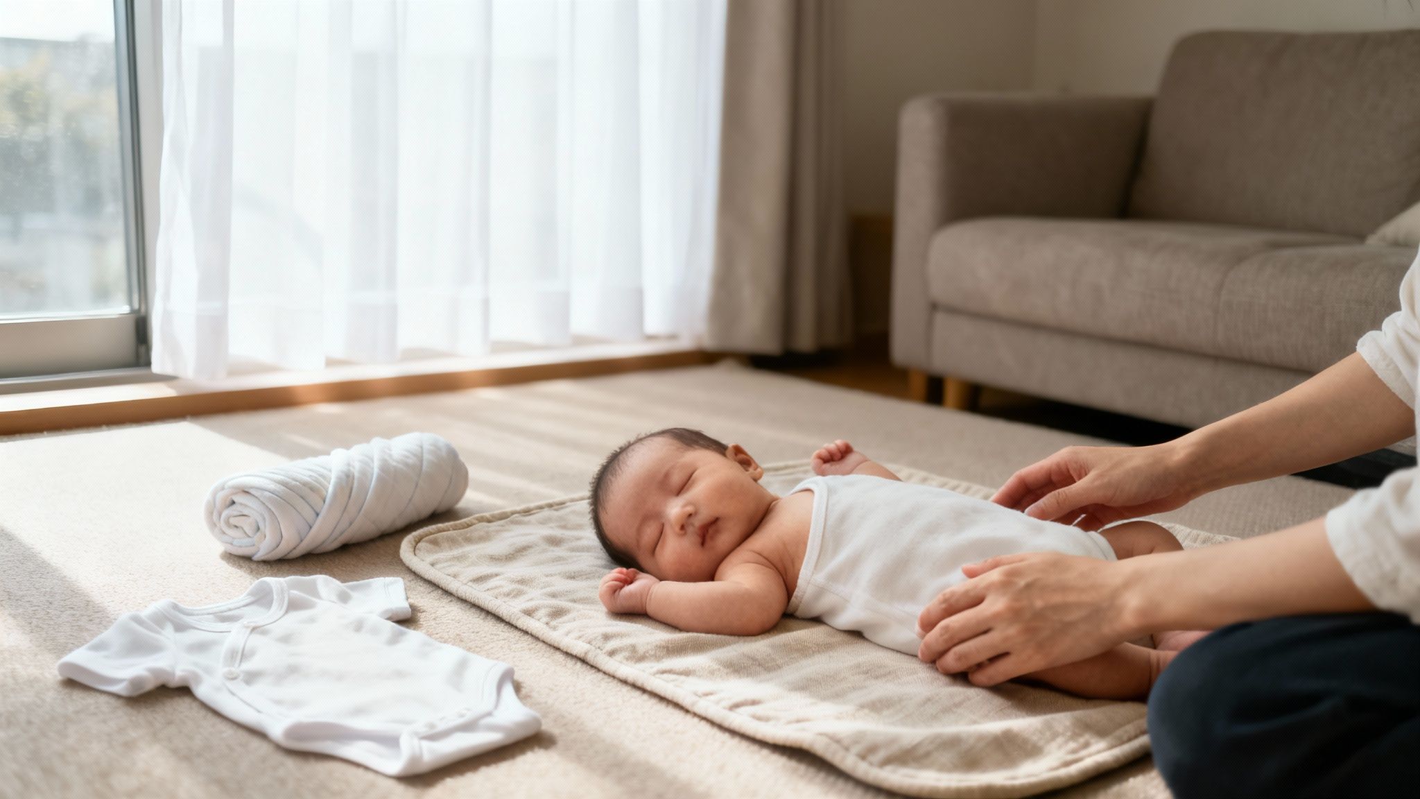 A peaceful newborn baby lies on a blanket as a parent gently touches them, in a sunlit room.