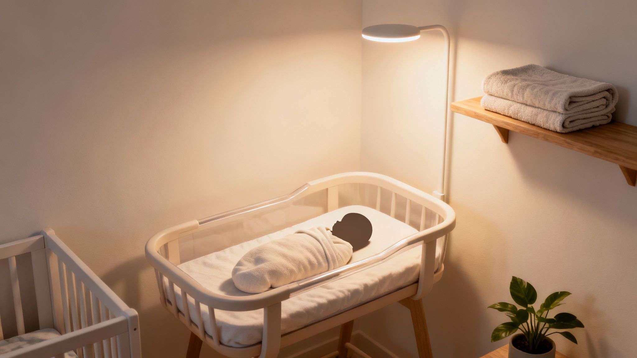 A cozy nursery room with a swaddled baby in a crib, illuminated by a warm lamp.