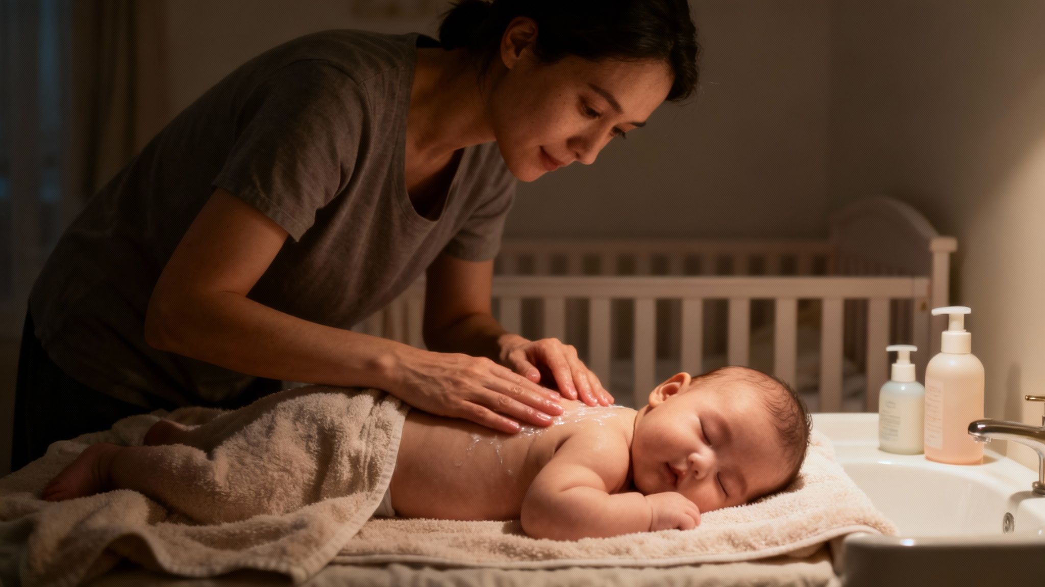 A calm evening scene with a parent giving their baby a gentle massage in a dimly lit nursery.