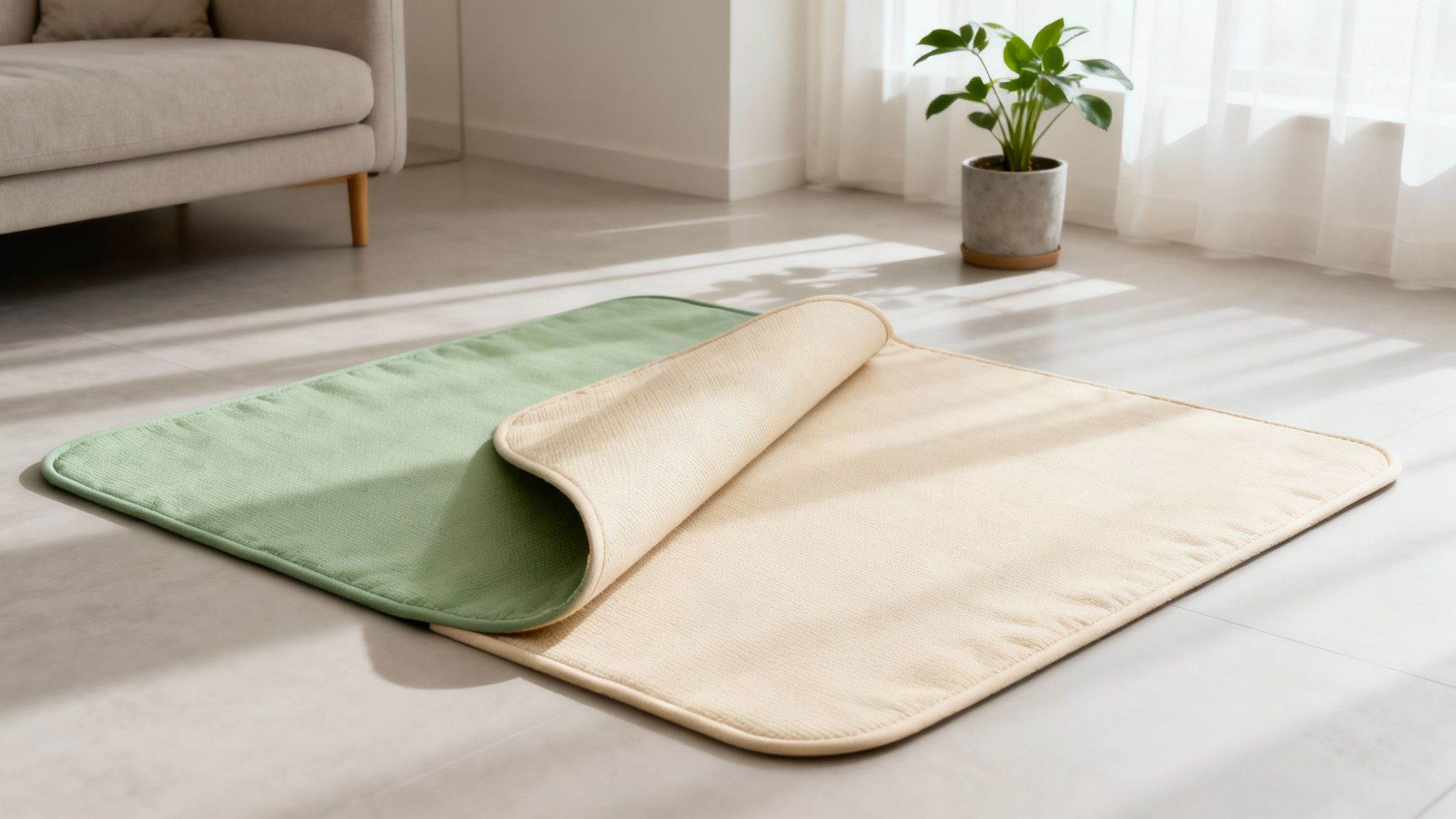 Two soft, rectangular mats in green and beige on a bright tiled floor with a couch and plant.