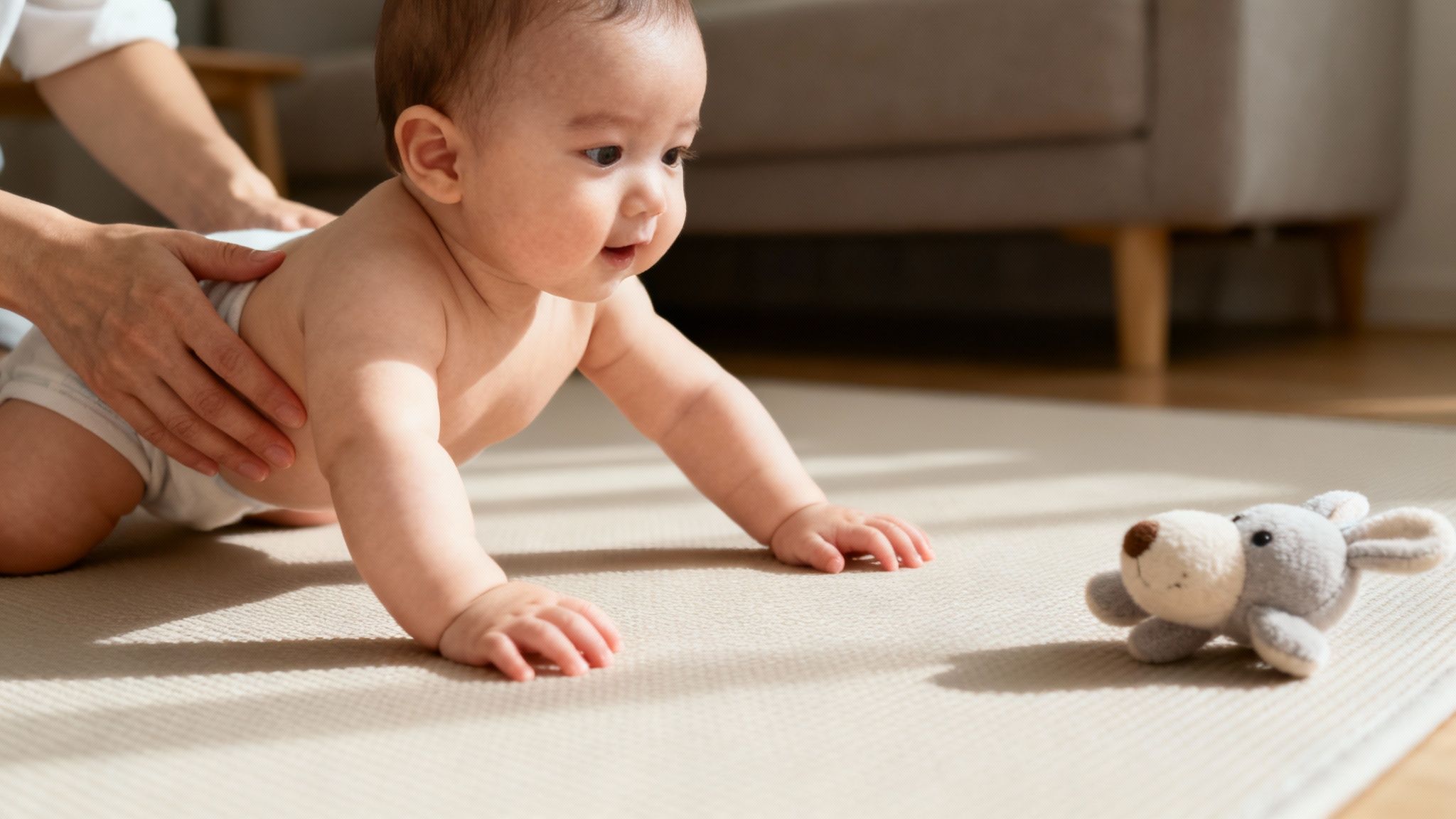 A baby crawling on a soft, neutral-coloured play mat in a living room