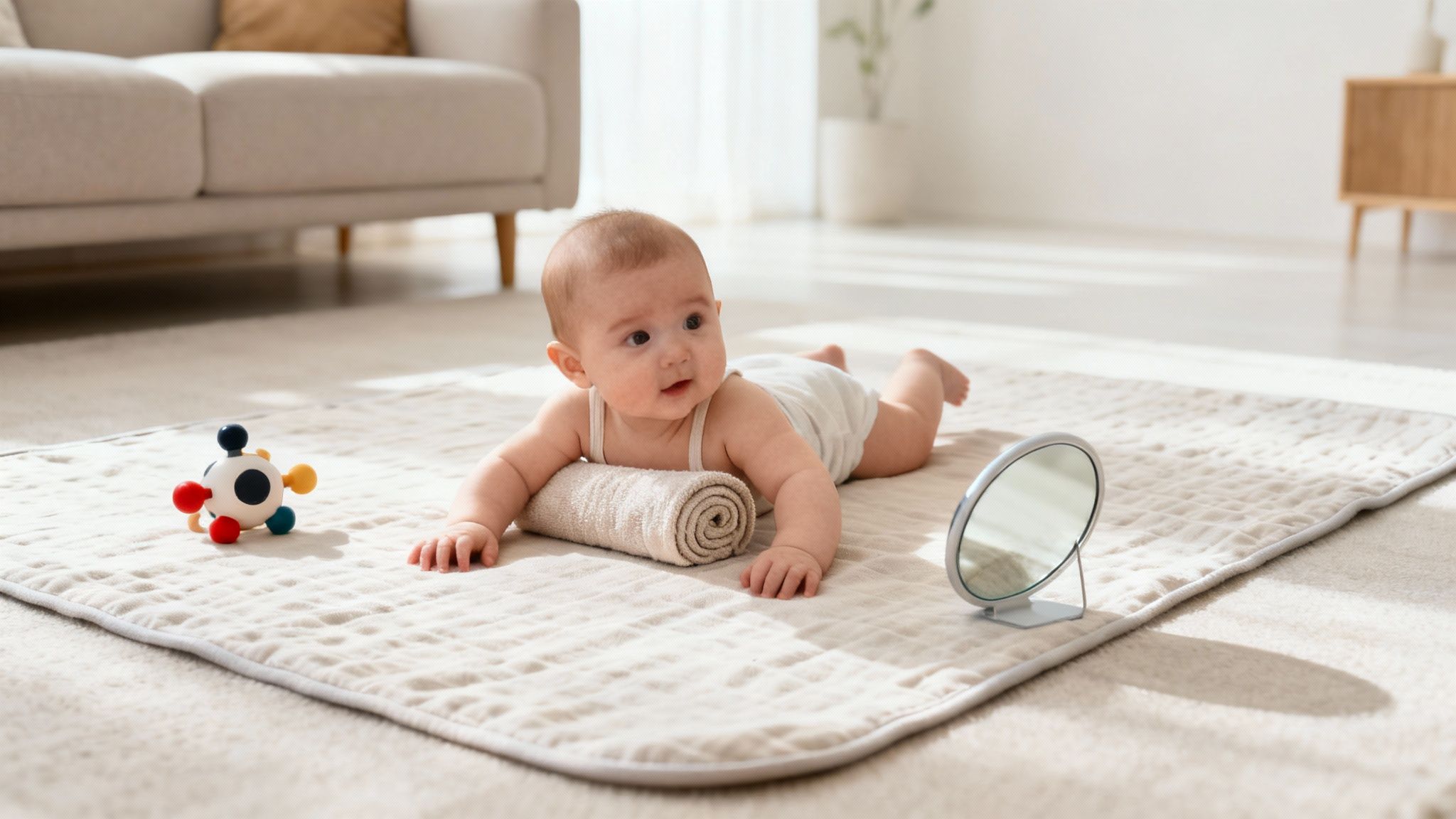 A baby practicing tummy time on a blanket with a rolled towel, a toy, and a mirror.