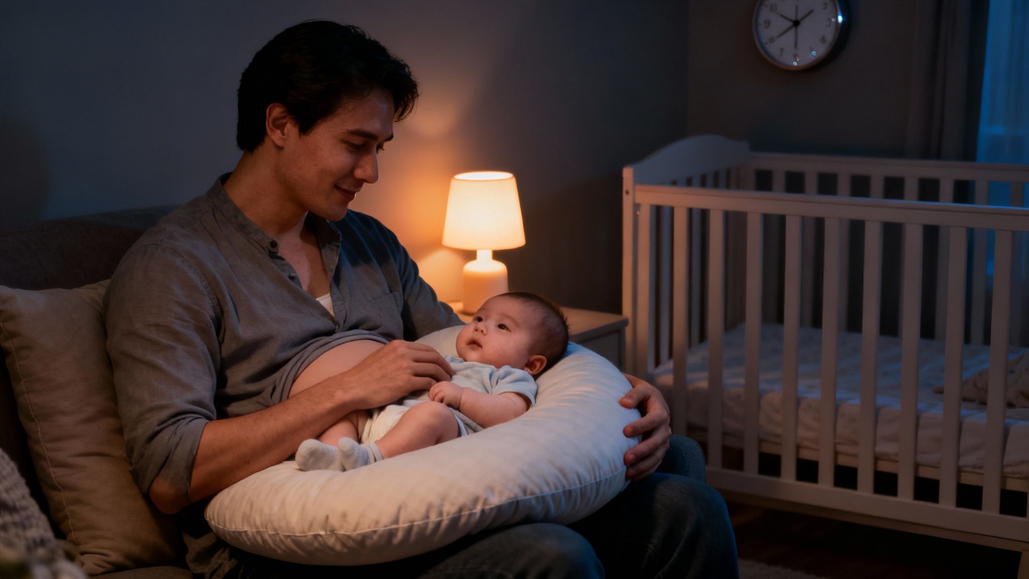 Asian father holding his baby on a feeding pillow at night in a soft-lit nursery.