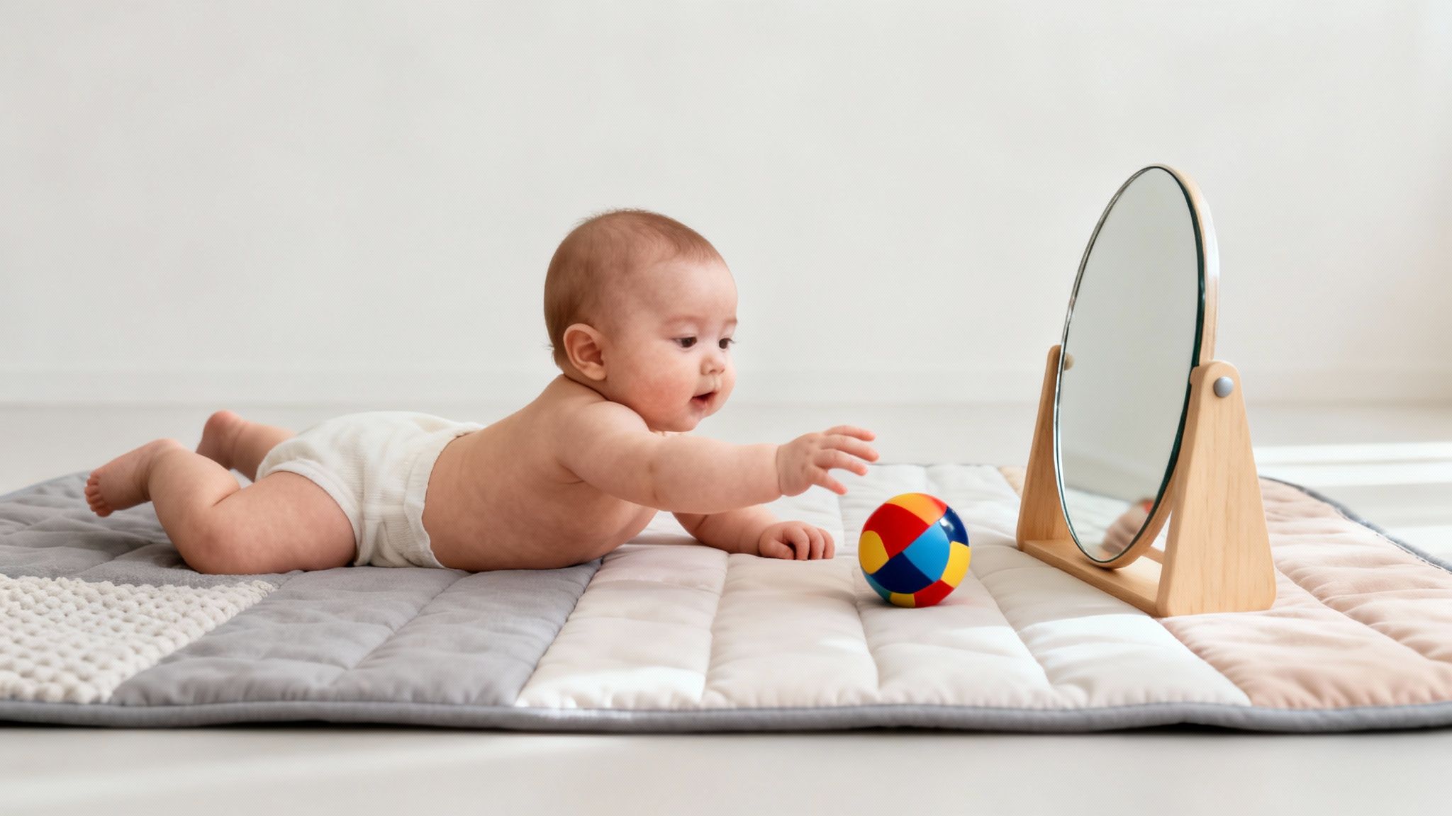An adorable baby practices tummy time, reaching for a colorful ball near a mirror on a soft mat.