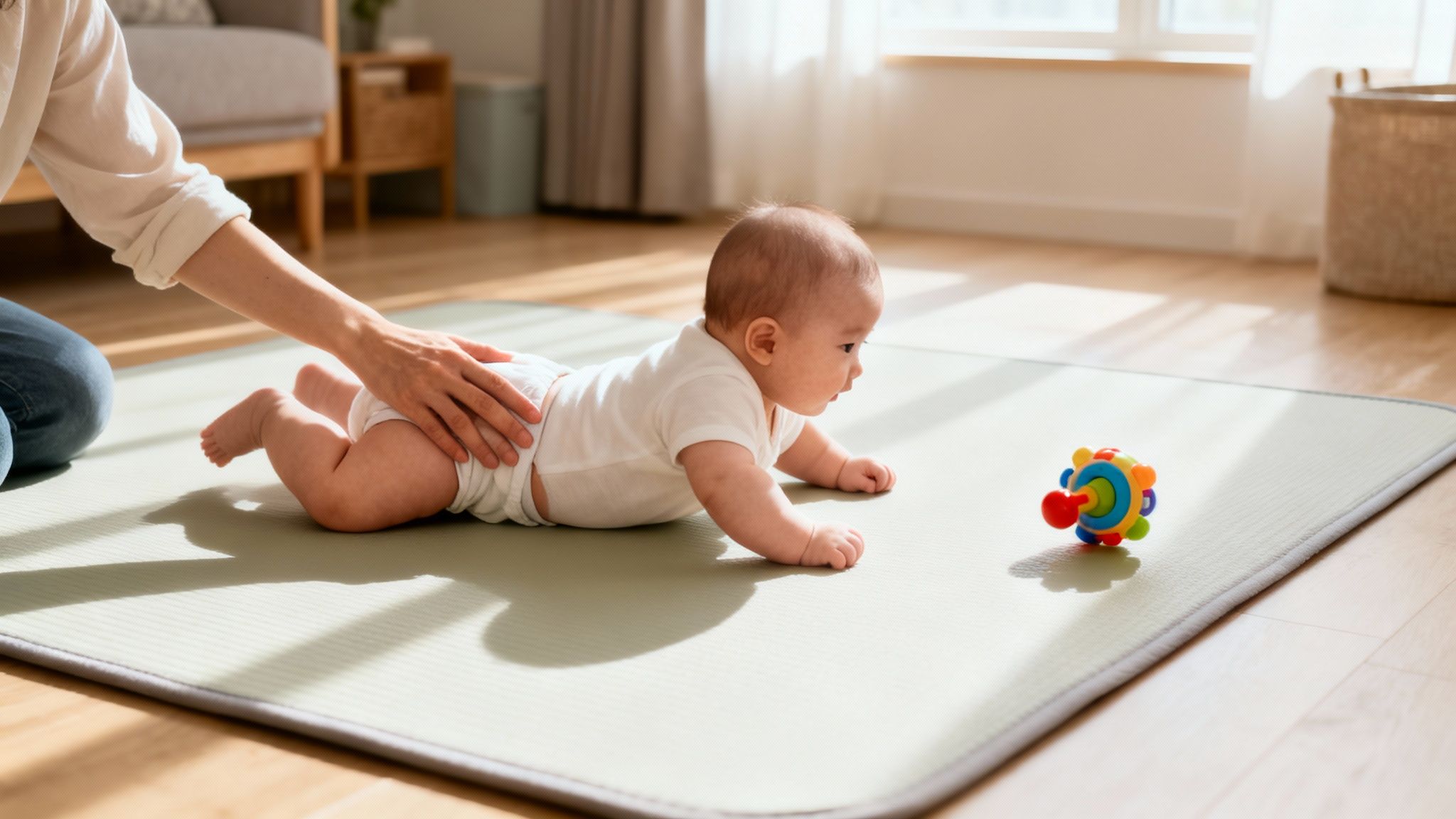 A parent's hand gently supports a baby doing tummy time on a playmat with a toy.