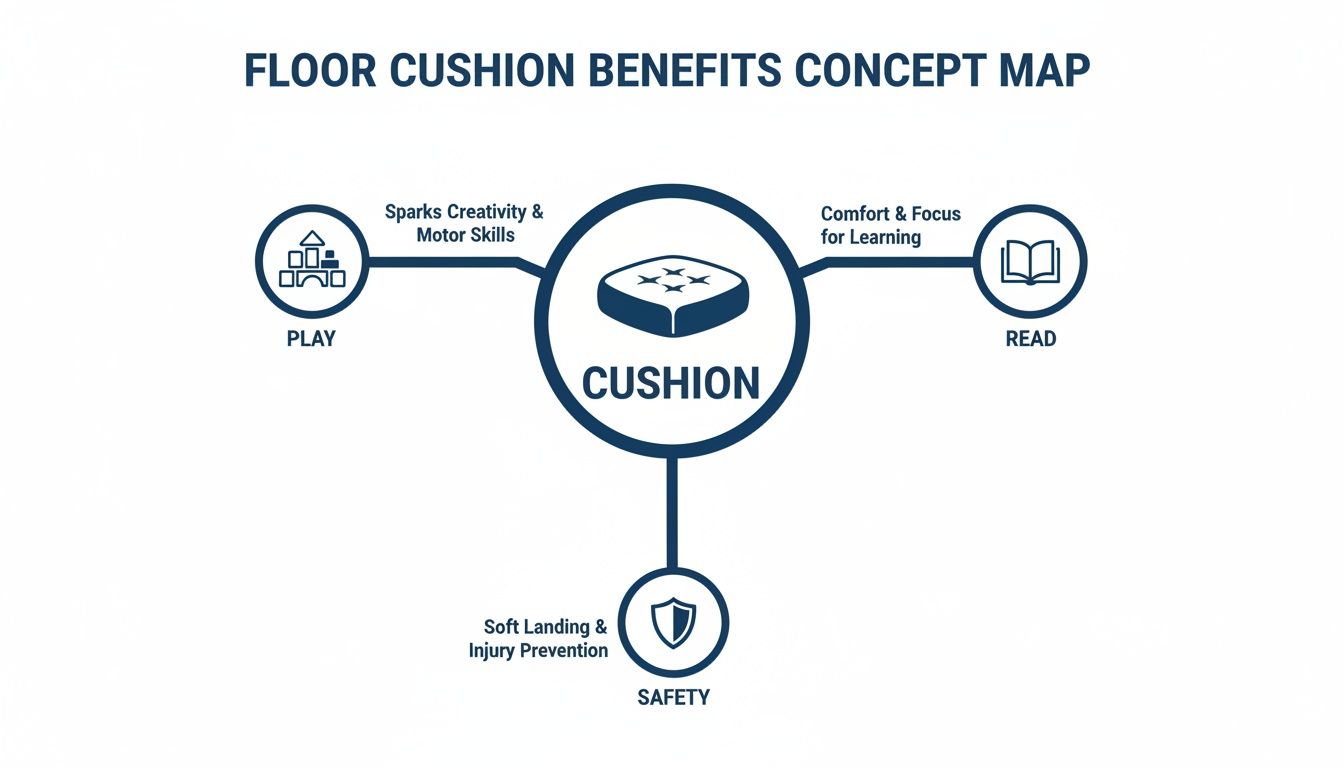Concept map showing floor cushion benefits for play, reading, and safety, highlighting creativity, learning, and injury prevention.
