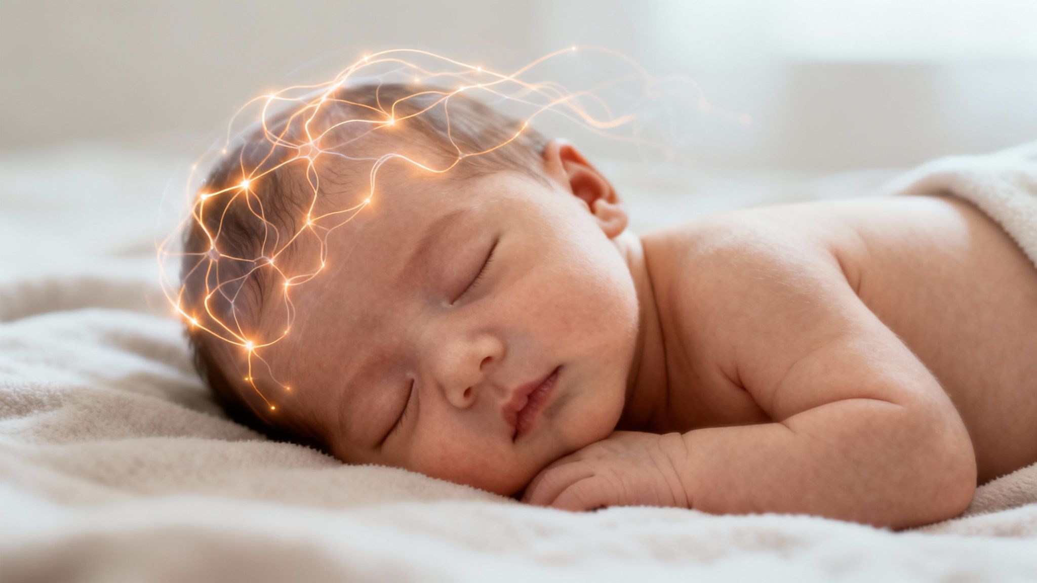 A peaceful newborn baby sleeps on a soft blanket, with glowing neural network lines over its head.
