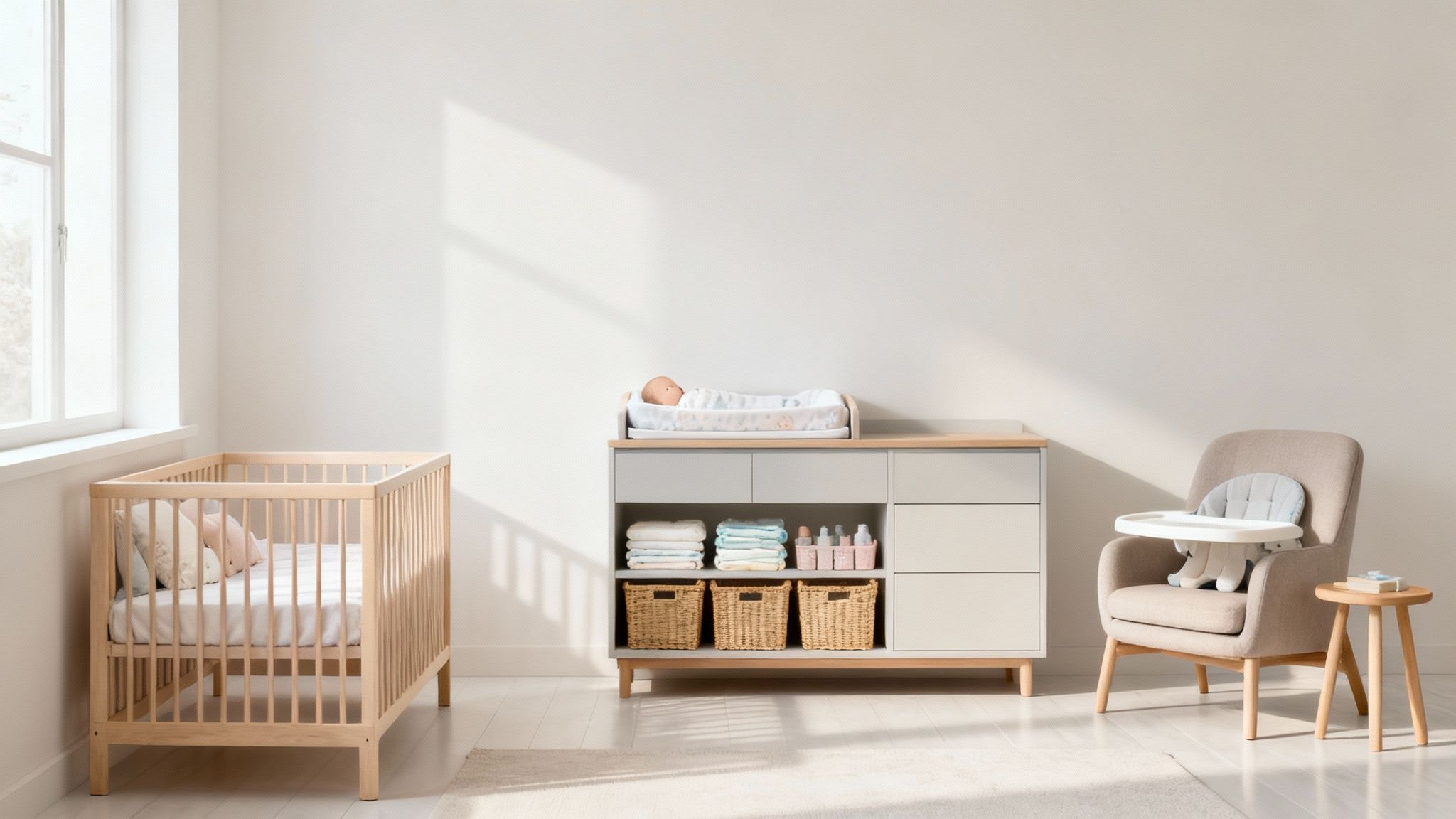 A stylish nursery with distinct zones a cot on one wall, a changing table on another, and a comfortable feeding chair in the corner.