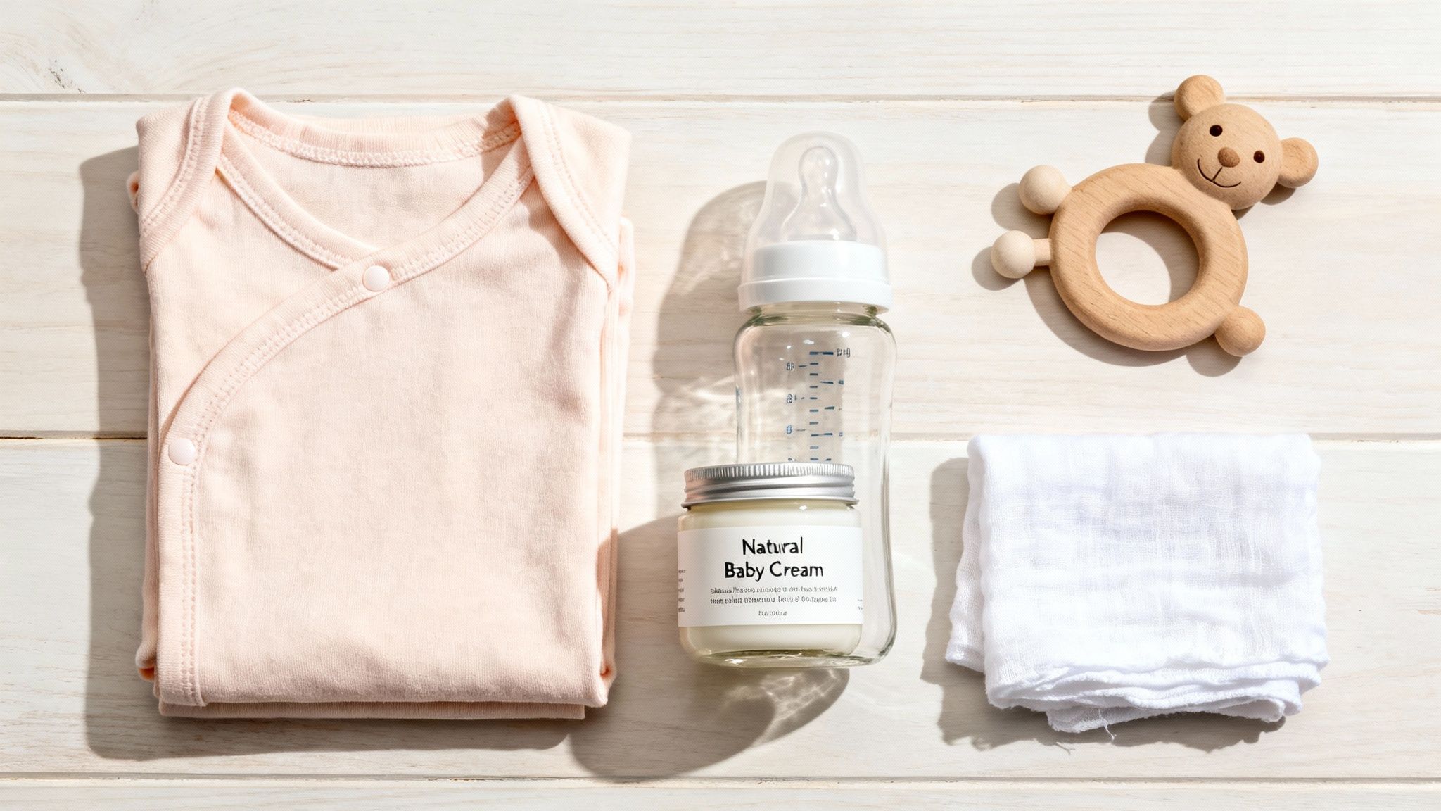 A flat lay of natural baby essentials including a pink onesie, cream, bottle, teether, and cloth.