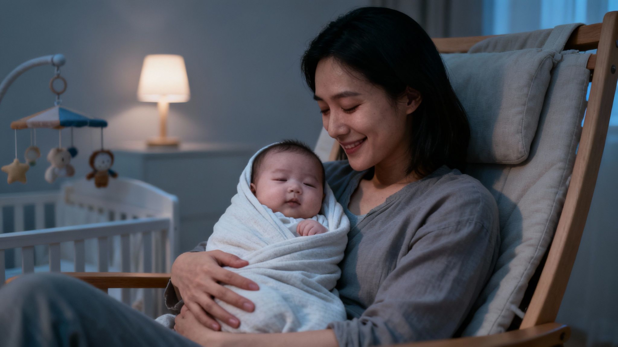 A smiling mother gently cradles her sleeping newborn baby in a rocking chair at night.
