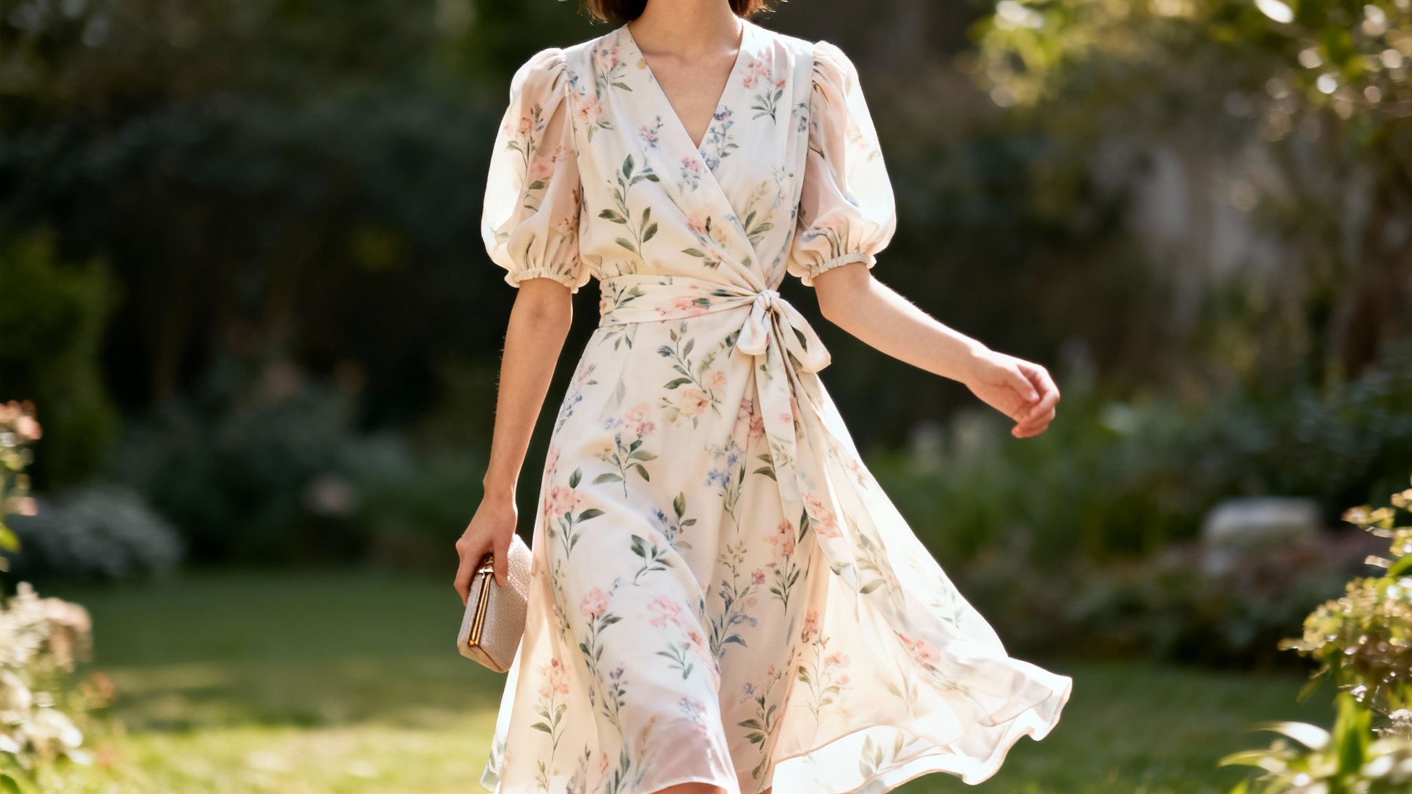 A woman in a delicate floral wrap dress and clutch walks through a sunny garden.
