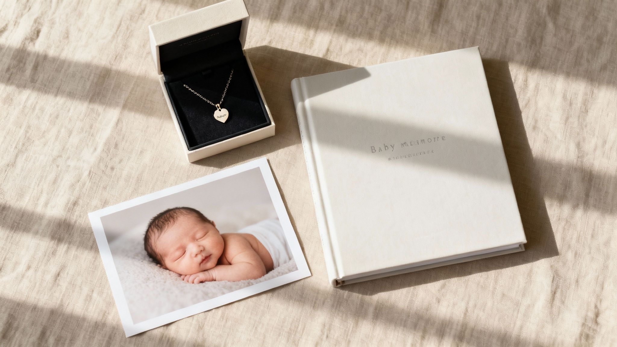 A printed photo of a sleeping newborn baby, a personalized heart necklace, and a 'Baby Memoire' book.