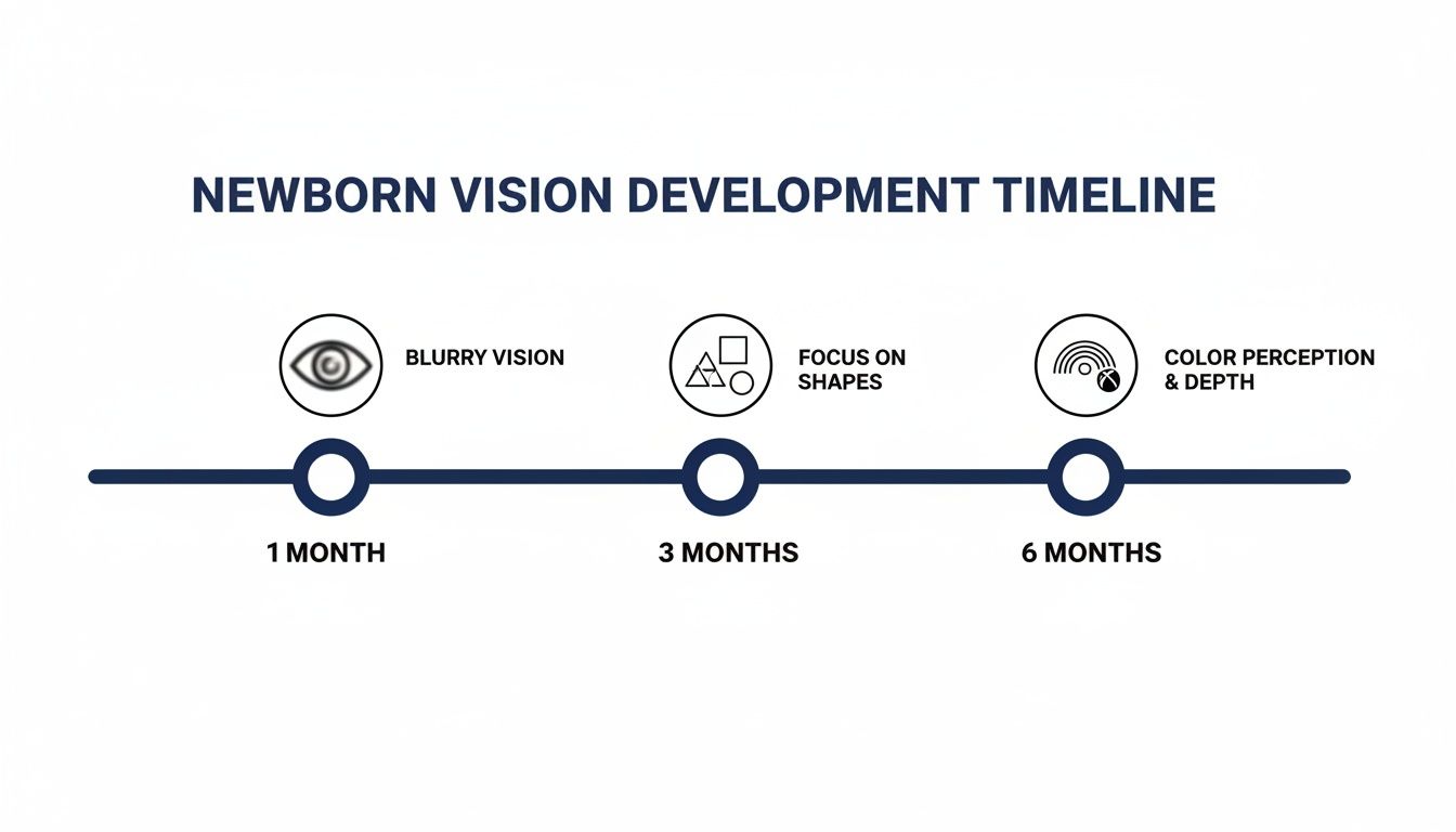 Timeline illustrating newborn vision development from blurry vision to color perception at 1, 3, and 6 months.