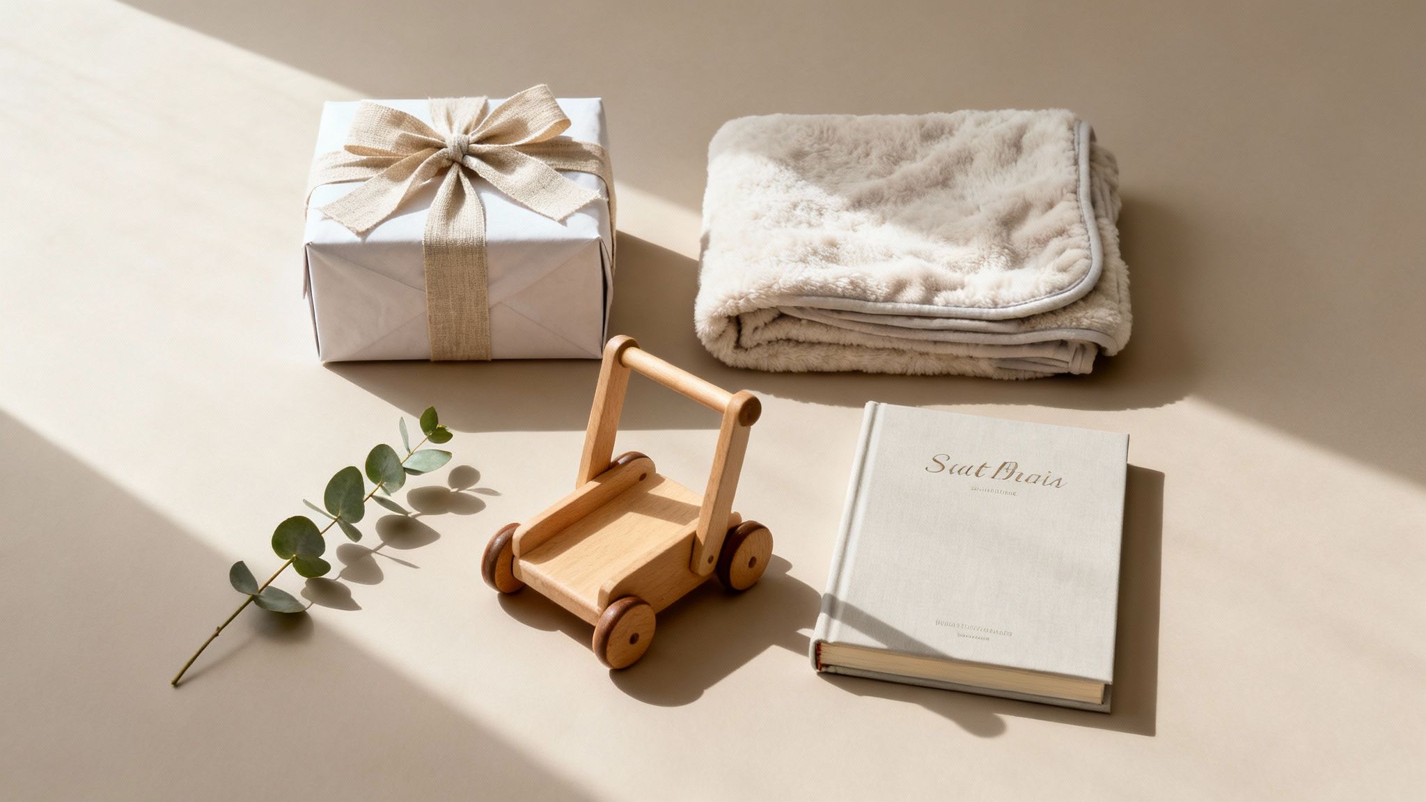 Luxury baby gift set with wooden toy walker, soft blanket, wrapped present and eucalyptus