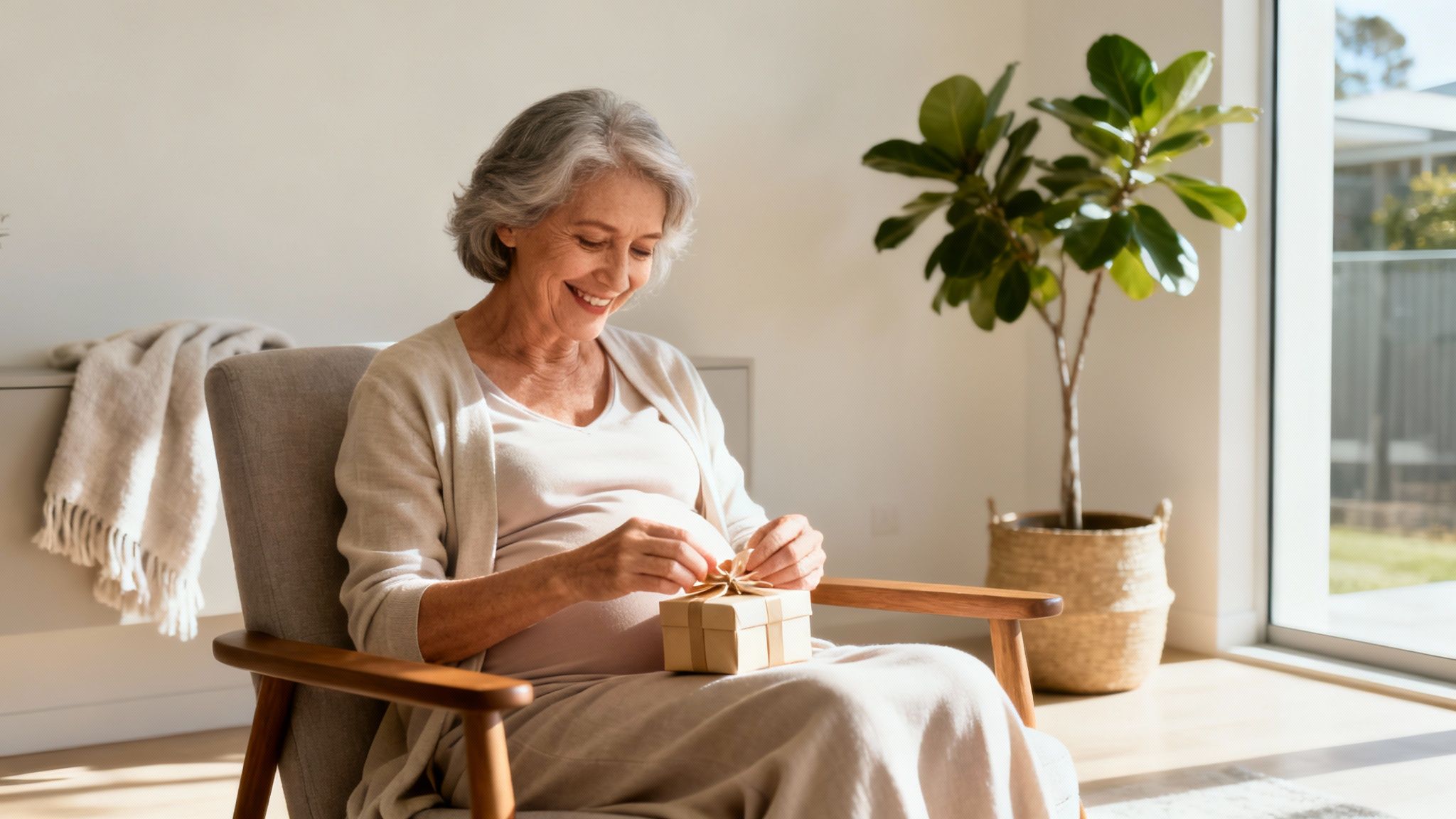 A smiling, pregnant elderly woman sits in a chair, carefully opening a small gift box.