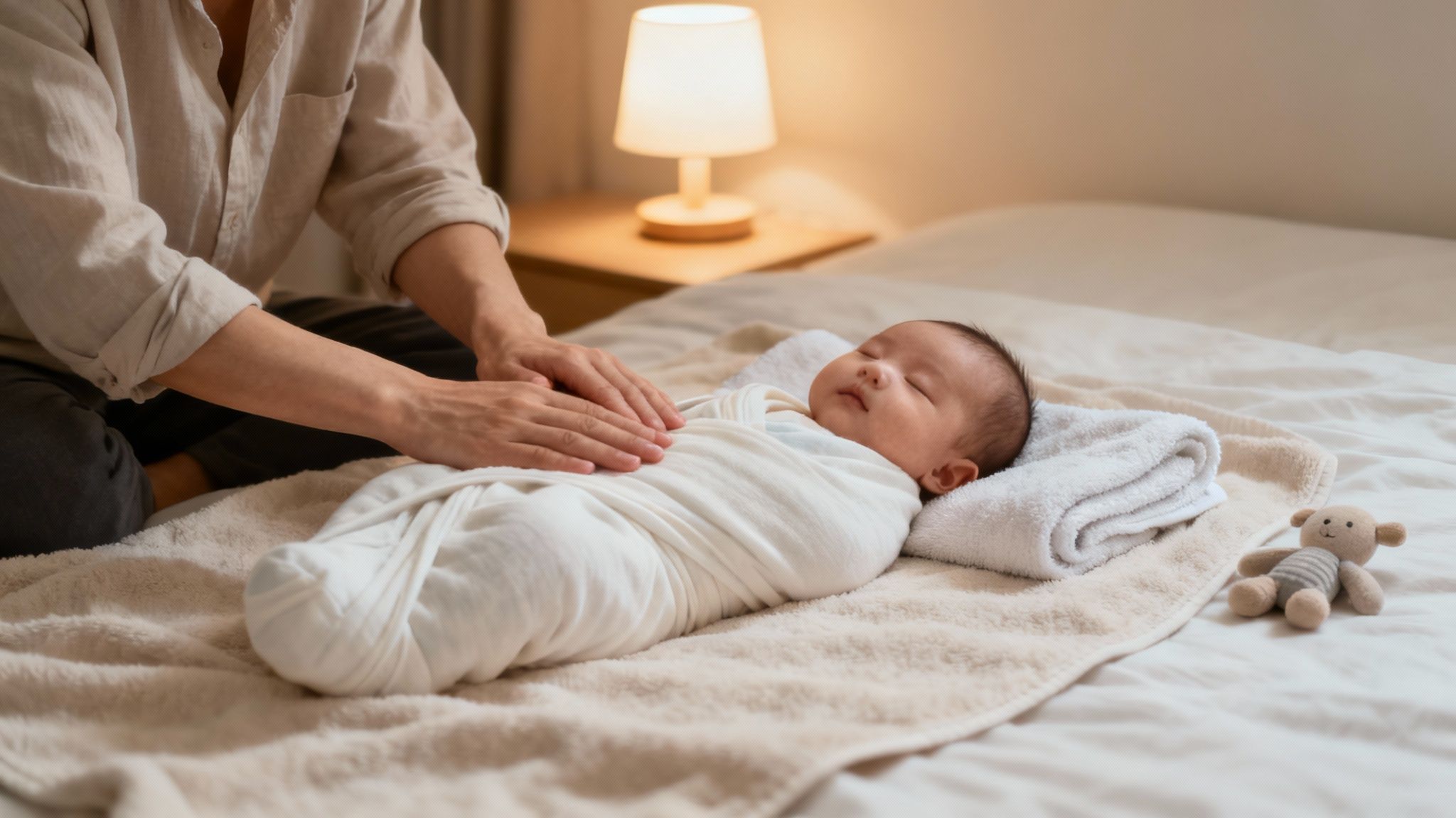 A baby being gently swaddled for sleep in a calm nursery setting.