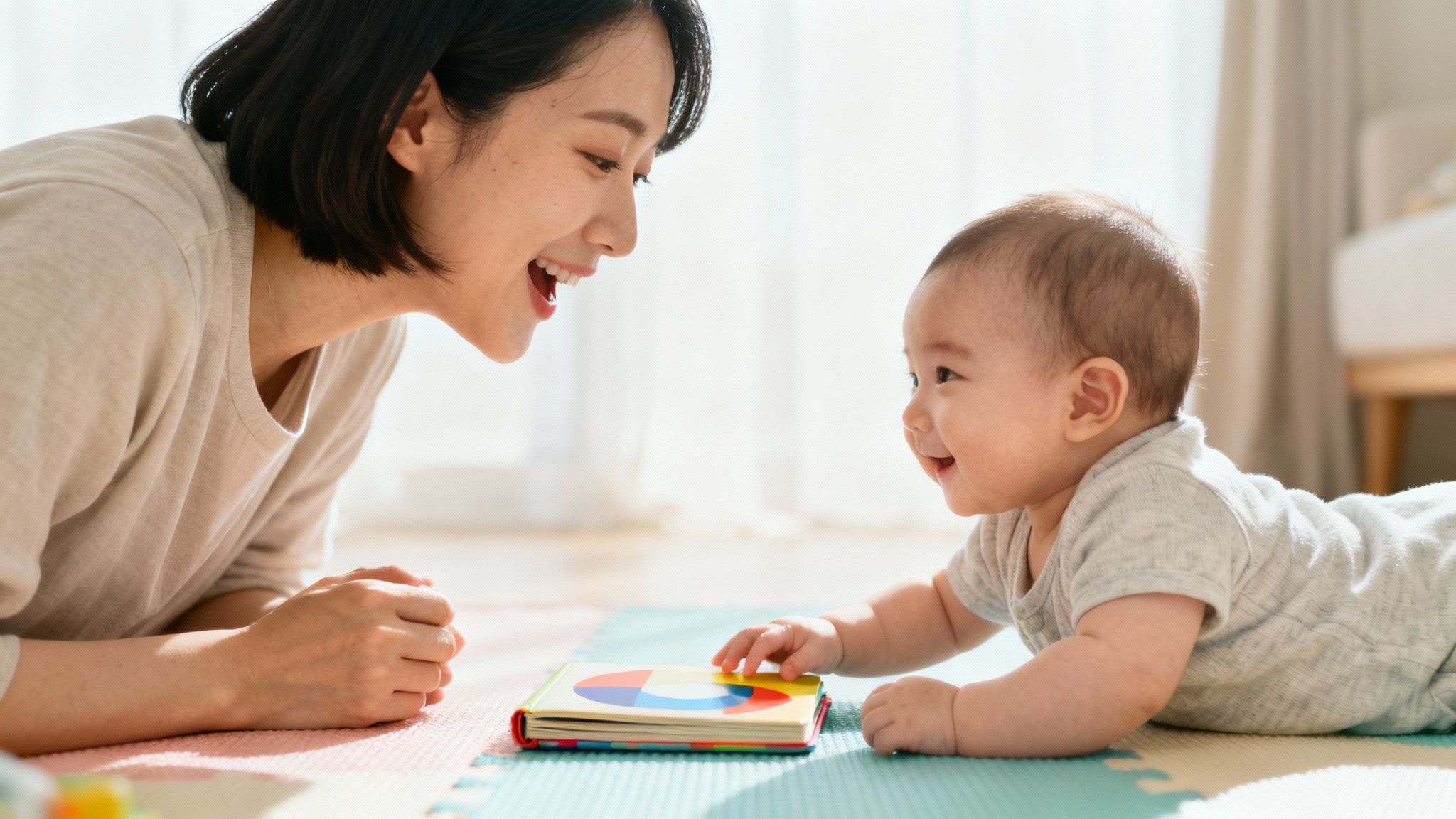 A smiling Asian mother interacts with her happy baby during tummy time on a colorful playmat.