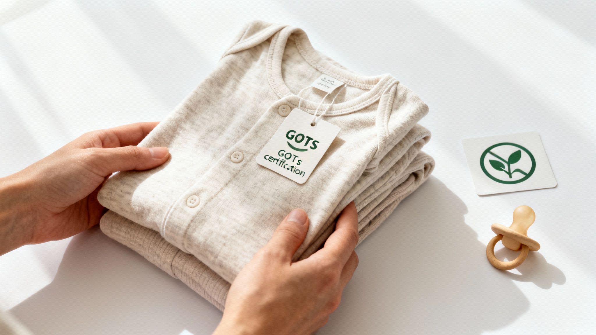 Hands holding GOTS-certified organic baby clothes, next to a leaf symbol card and a wooden pacifier.