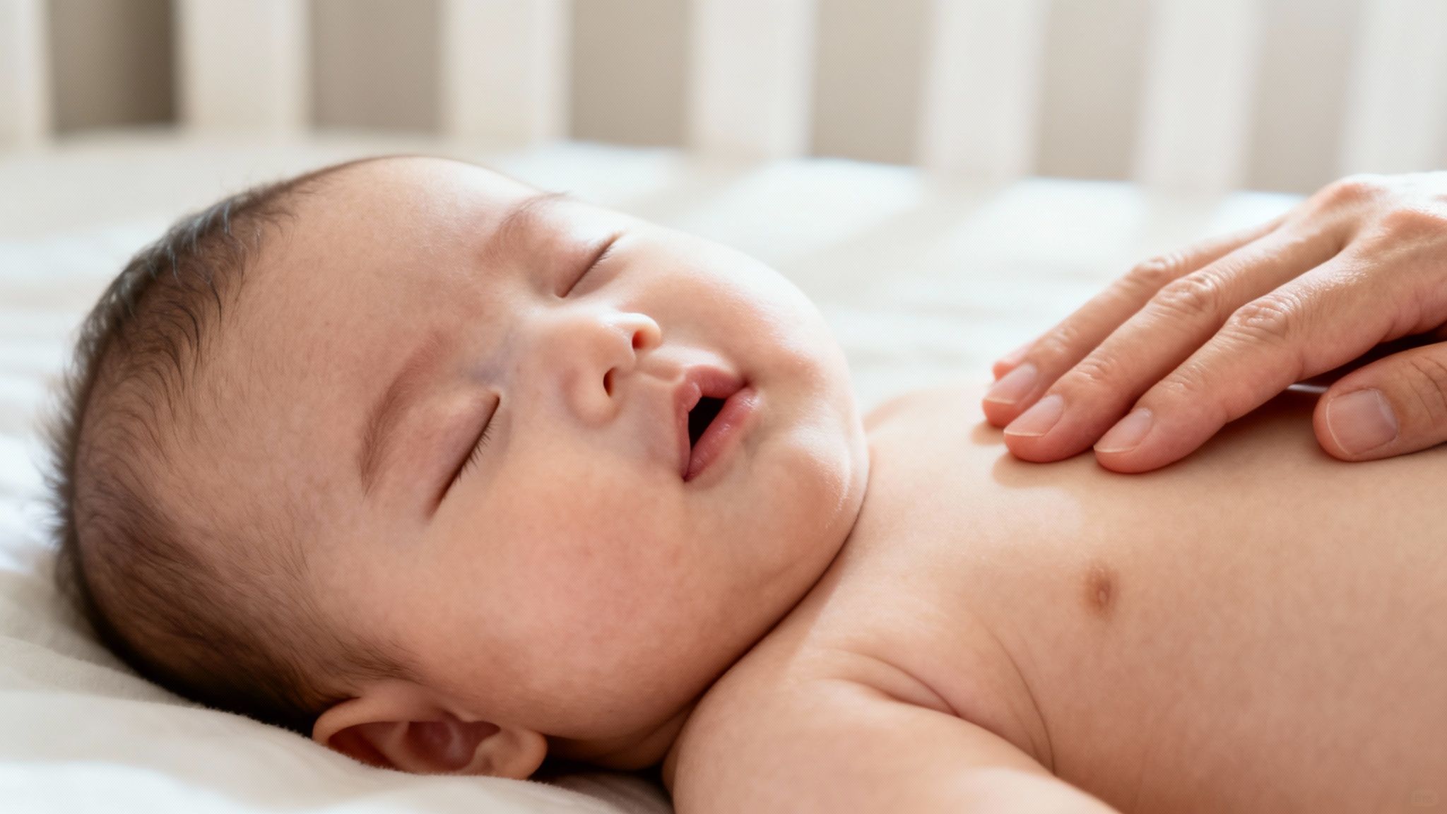 Close-up of a baby sleeping soundly on its back, with a gentle hand on its chest.
