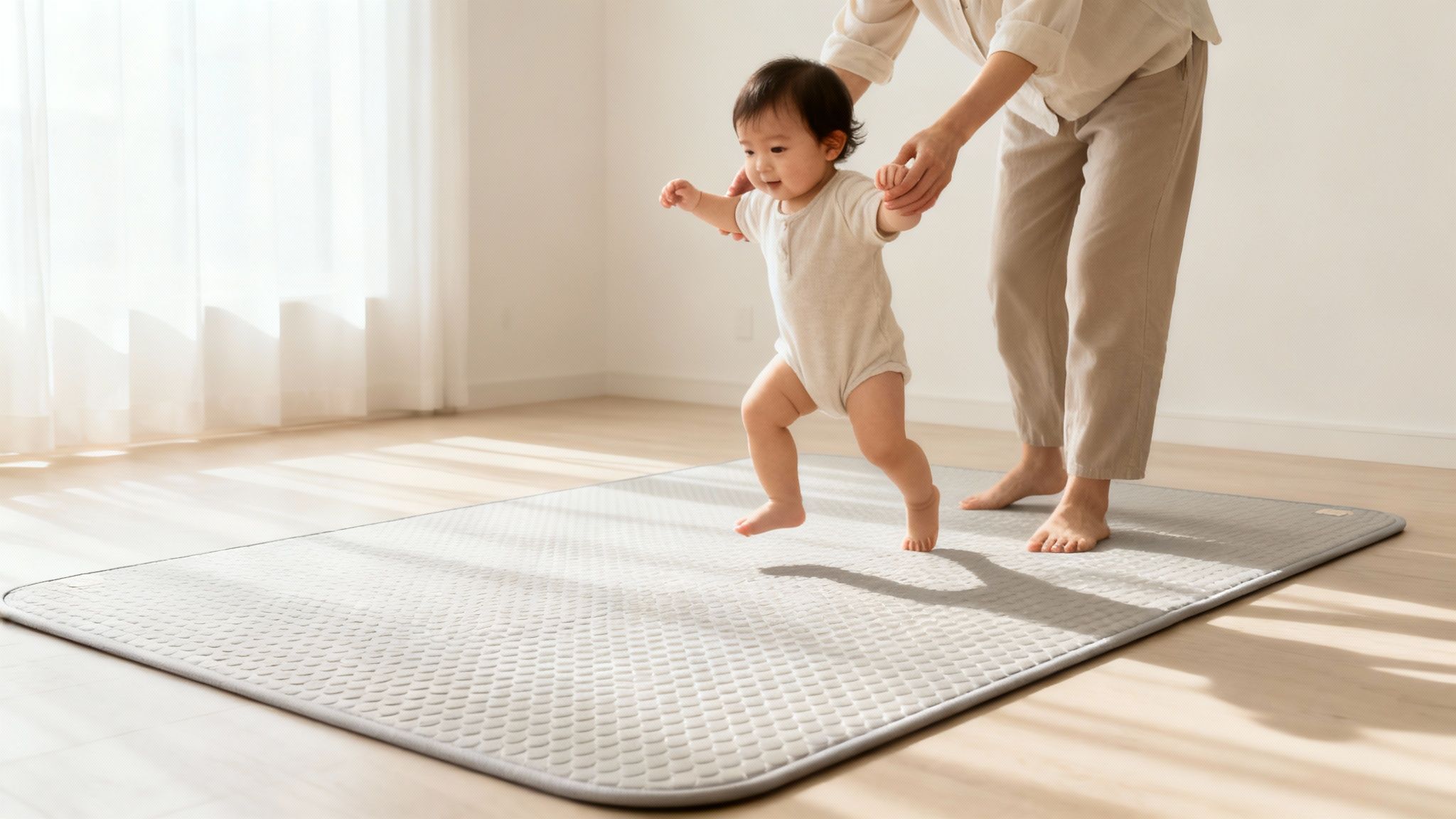 An adult helps a baby learn to walk on a grey mat in a sunlit room, fostering gross motor skills.