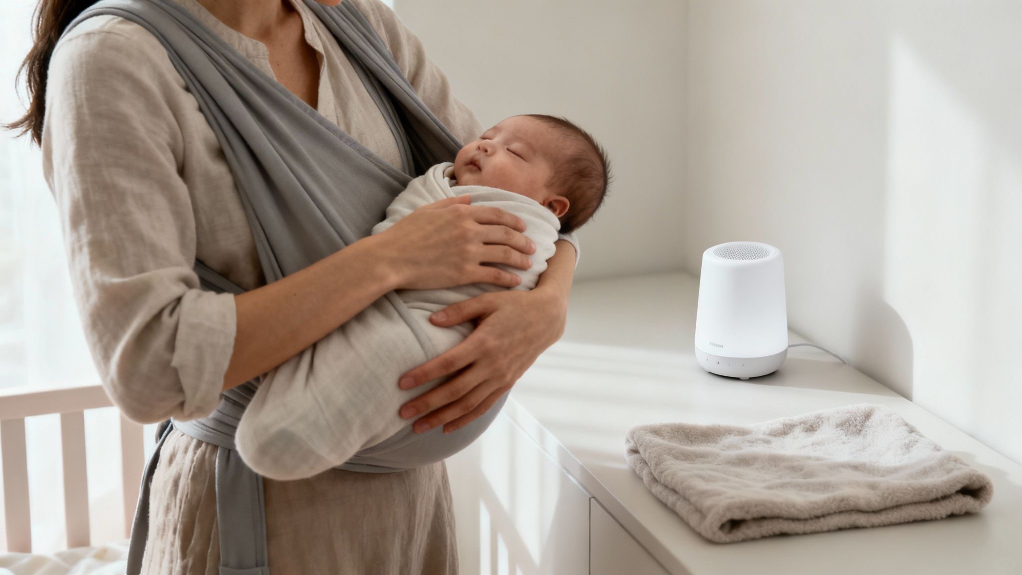 A parent gently rocking a swaddled newborn baby.