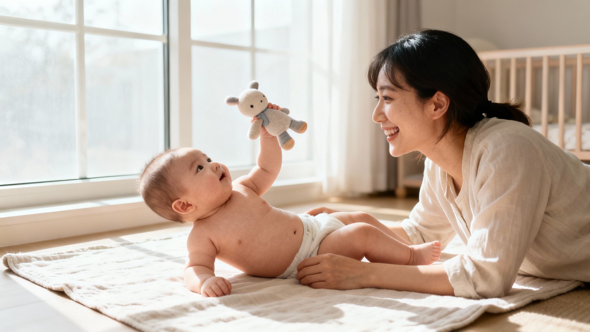 Smiling mother and baby playing with a toy on a mat, demonstrating infant interaction.