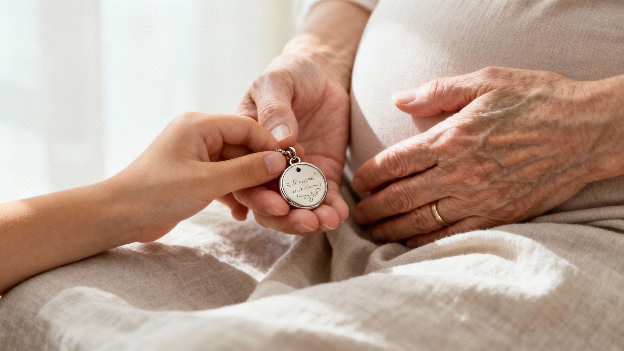 A young hand gives a silver medallion to an older, pregnant woman, who touches her belly.