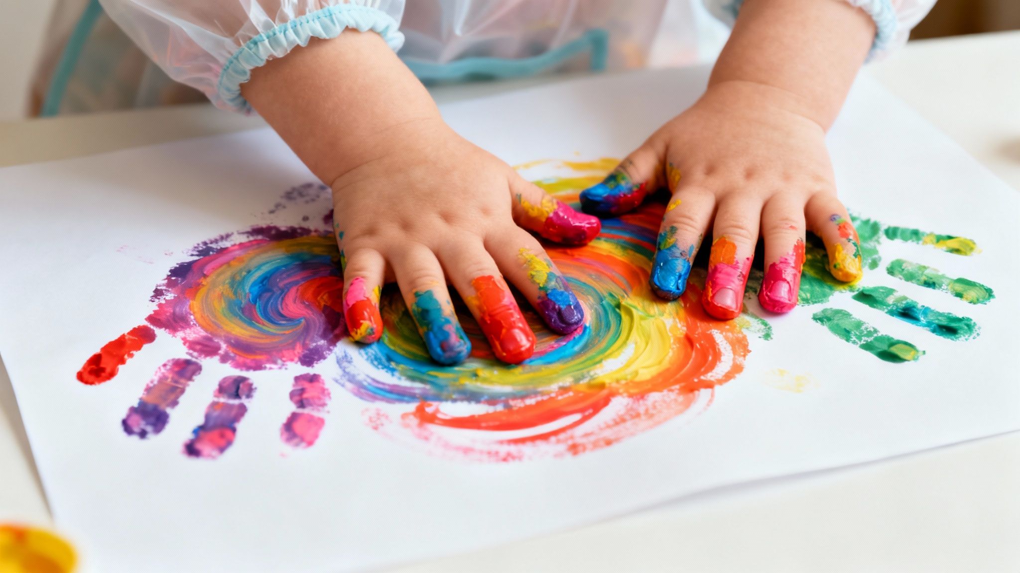 Toddler hands covered in colorful paint creating vibrant rainbow swirl art on white paper