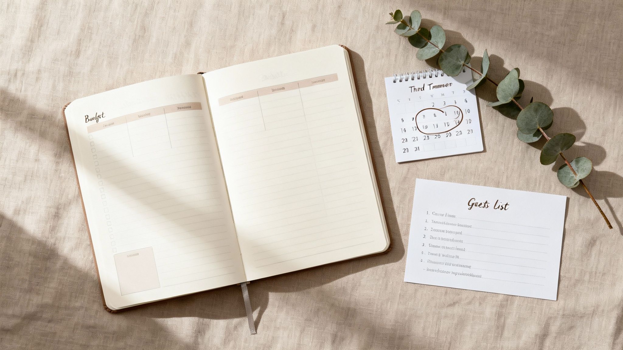 Flat lay of baby shower planning essentials including an open budget planner, guest list, and calendar.