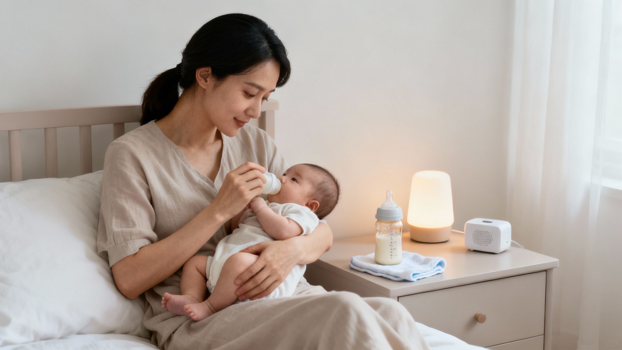 A loving mother bottle-feeding her newborn baby in a serene bedroom setting.