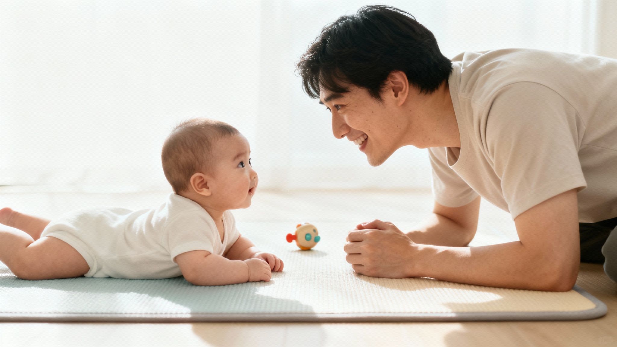 An infant enjoys tummy time on a play mat with their parent making eye contact.