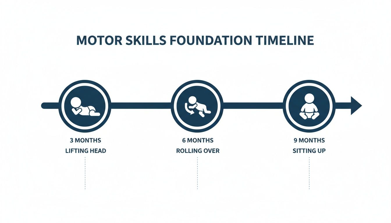 Infant motor skills timeline showing milestones: lifting head at 3 months, rolling over at 6, sitting up at 9.