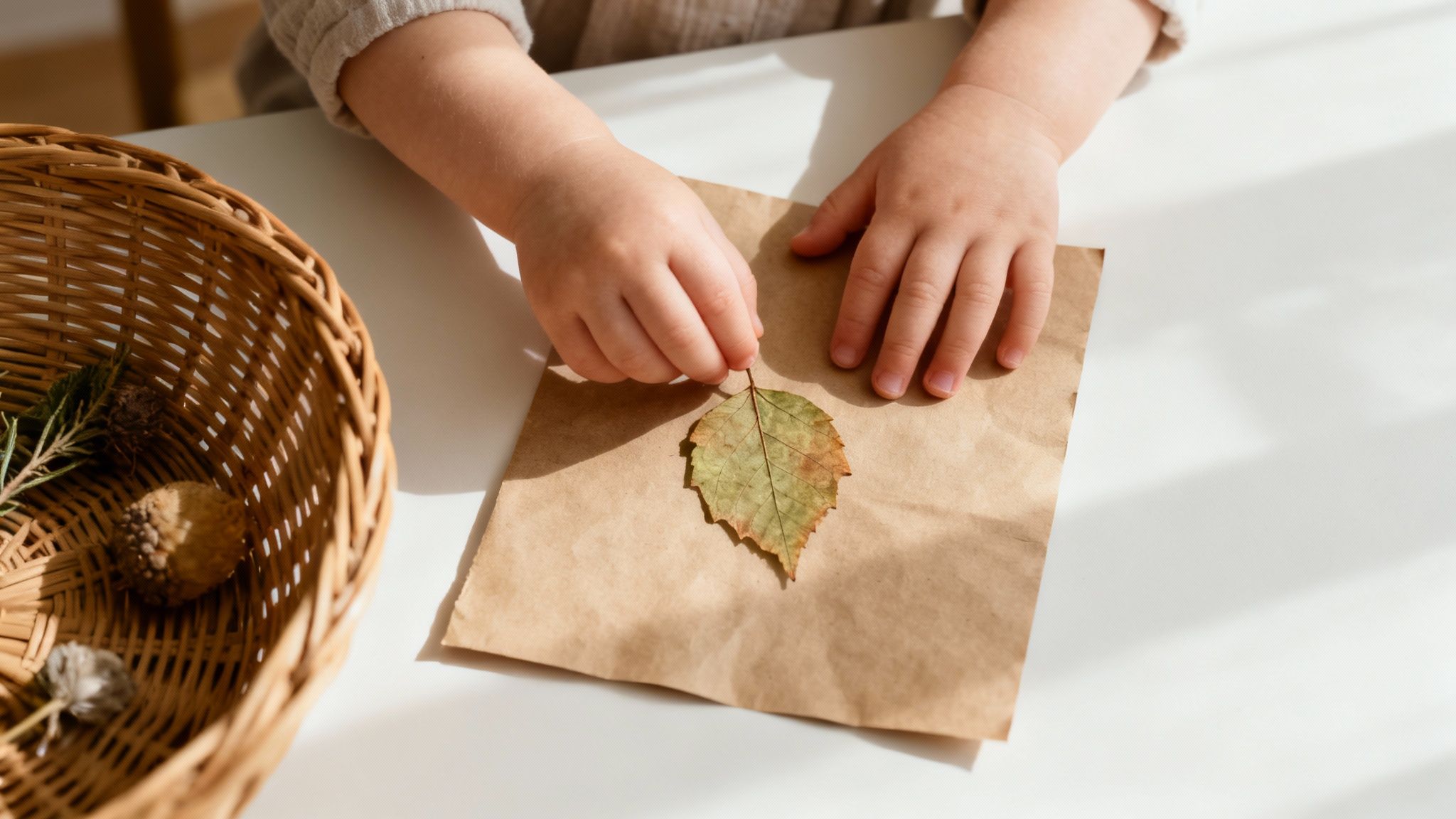 Child's hands arranging dried autumn leaf on brown paper for nature craft activity