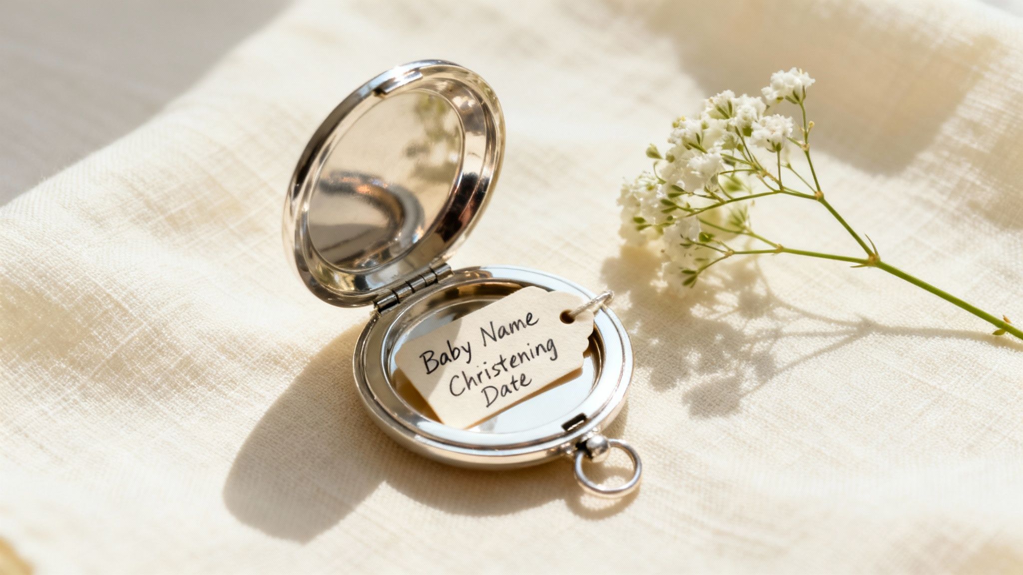 A baby girl playing on a soft, neutral-coloured linen play mat.