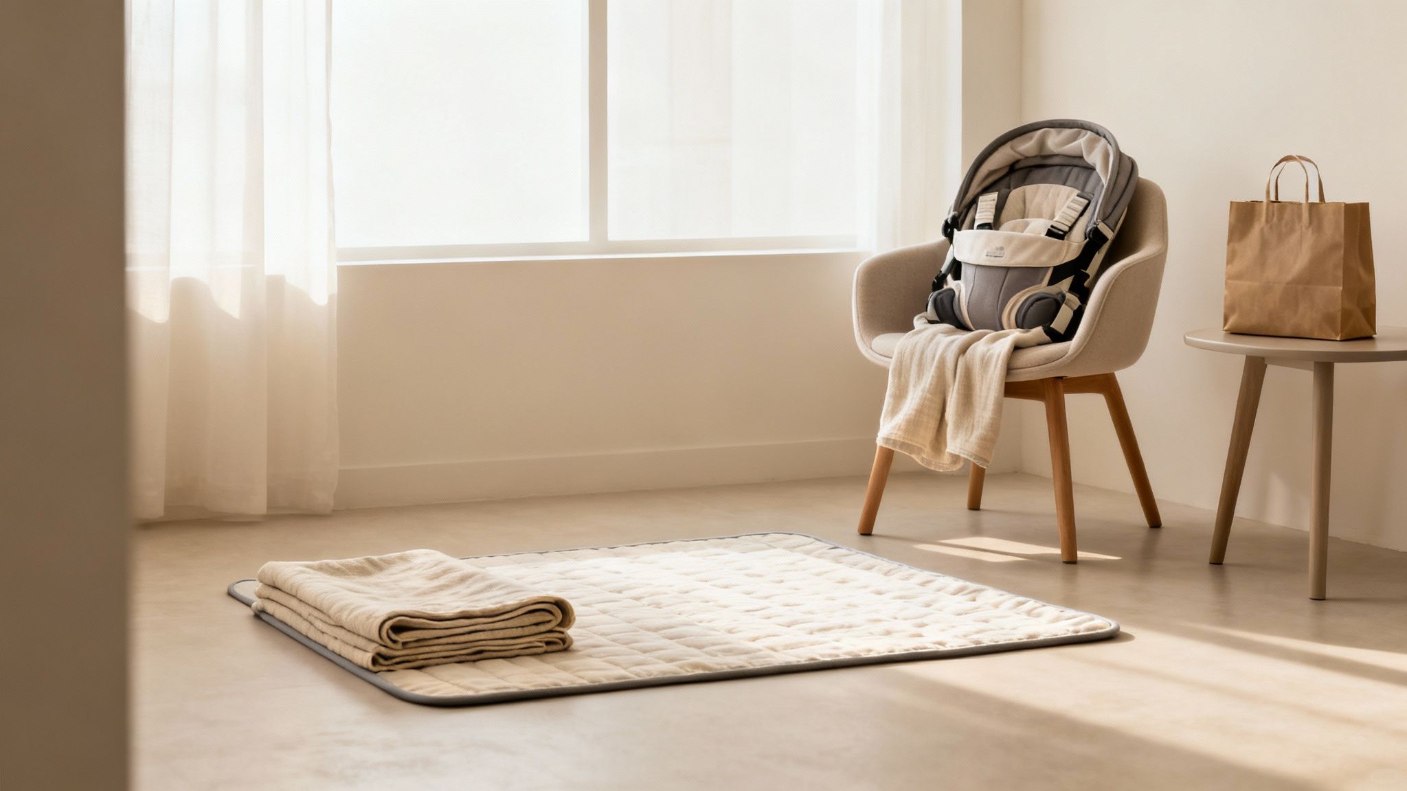 A cozy, well-lit nursery features a baby carrier, soft blankets, and a neutral color palette.