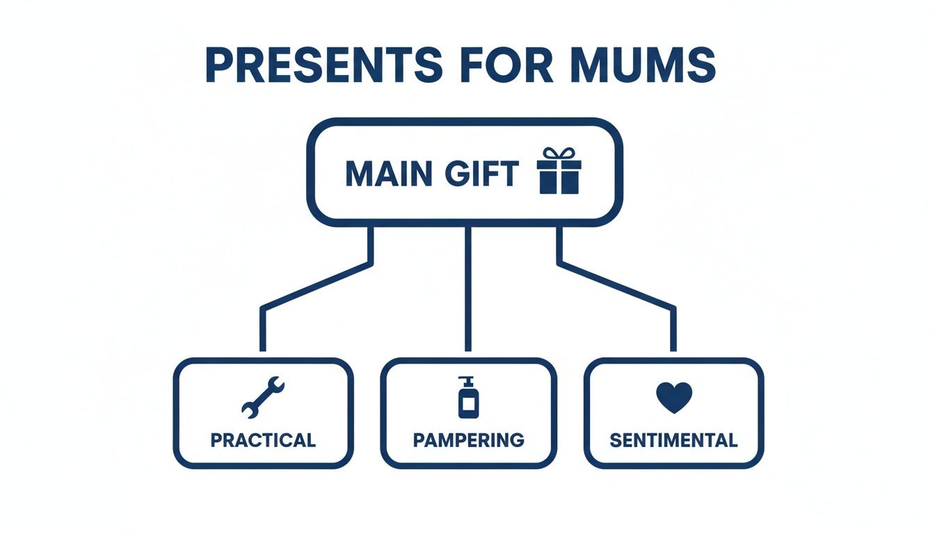 A diagram titled 'Presents for Mums' showing 'Main Gift' branching into 'Practical', 'Pampering', and 'Sentimental' gift categories.