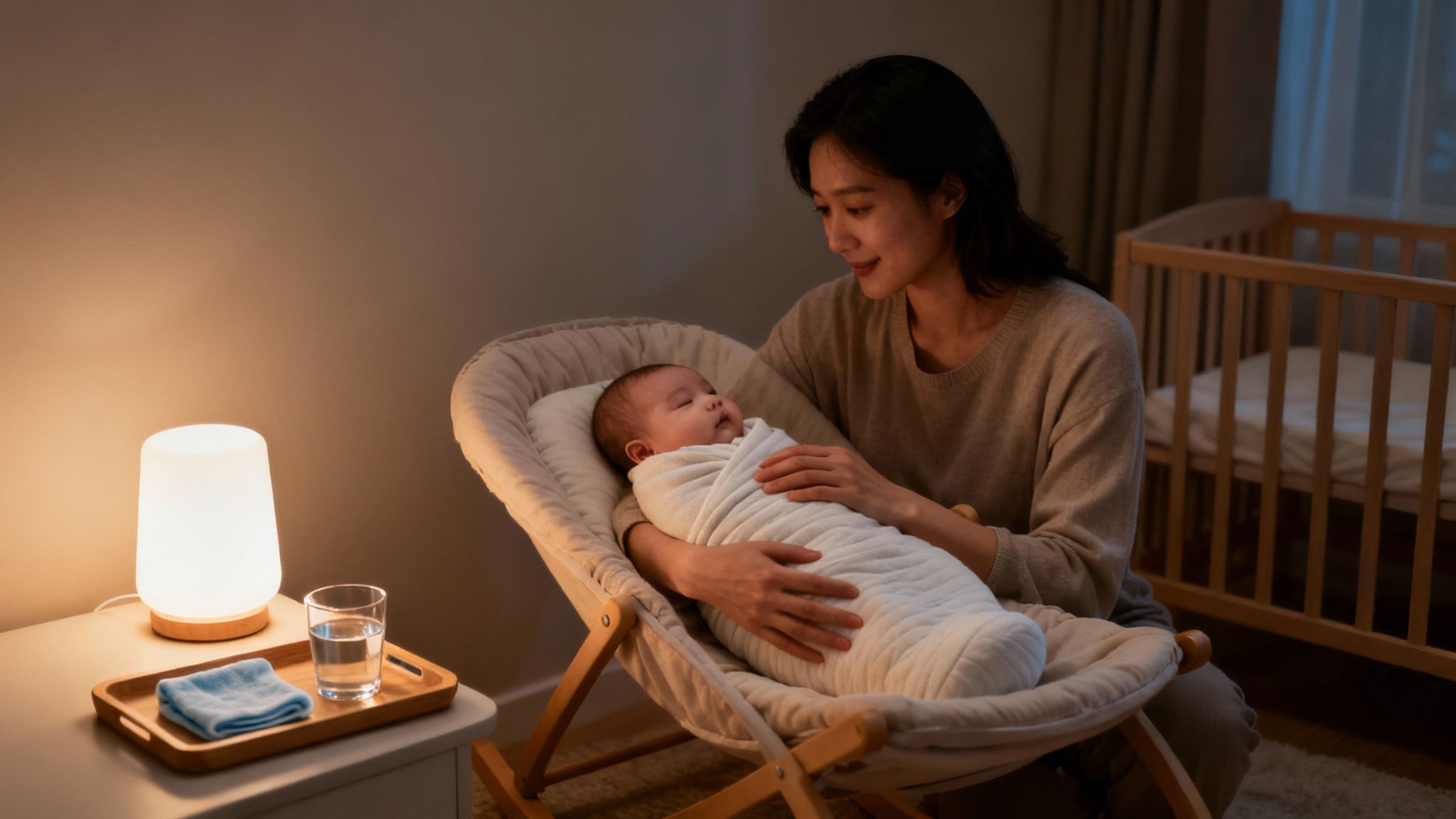 Baby sleeping peacefully on linen nursery mat