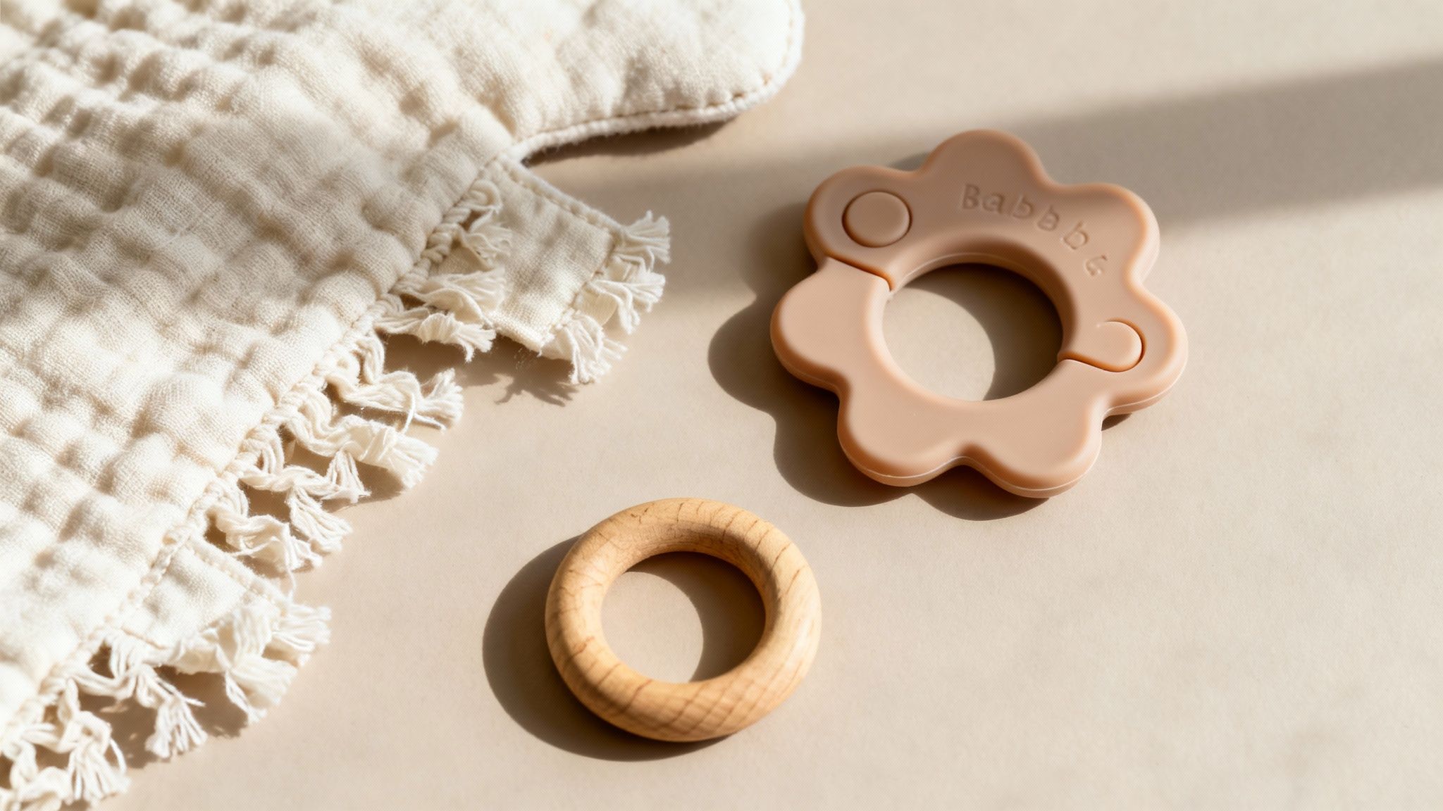 A baby playing with soft, colourful toys made from safe materials.