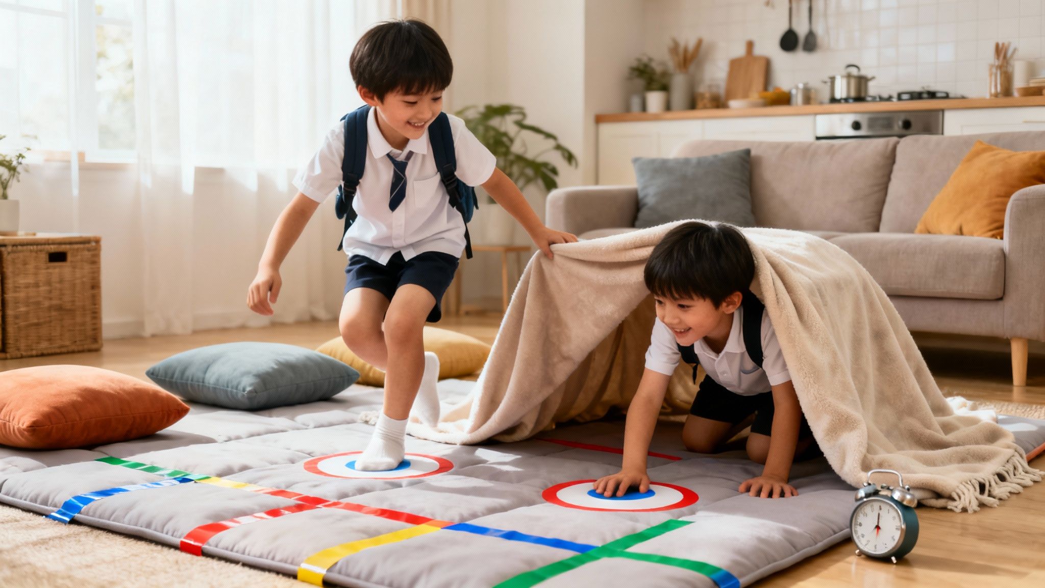 Two smiling boys in school uniforms playing an indoor game with a blanket fort.