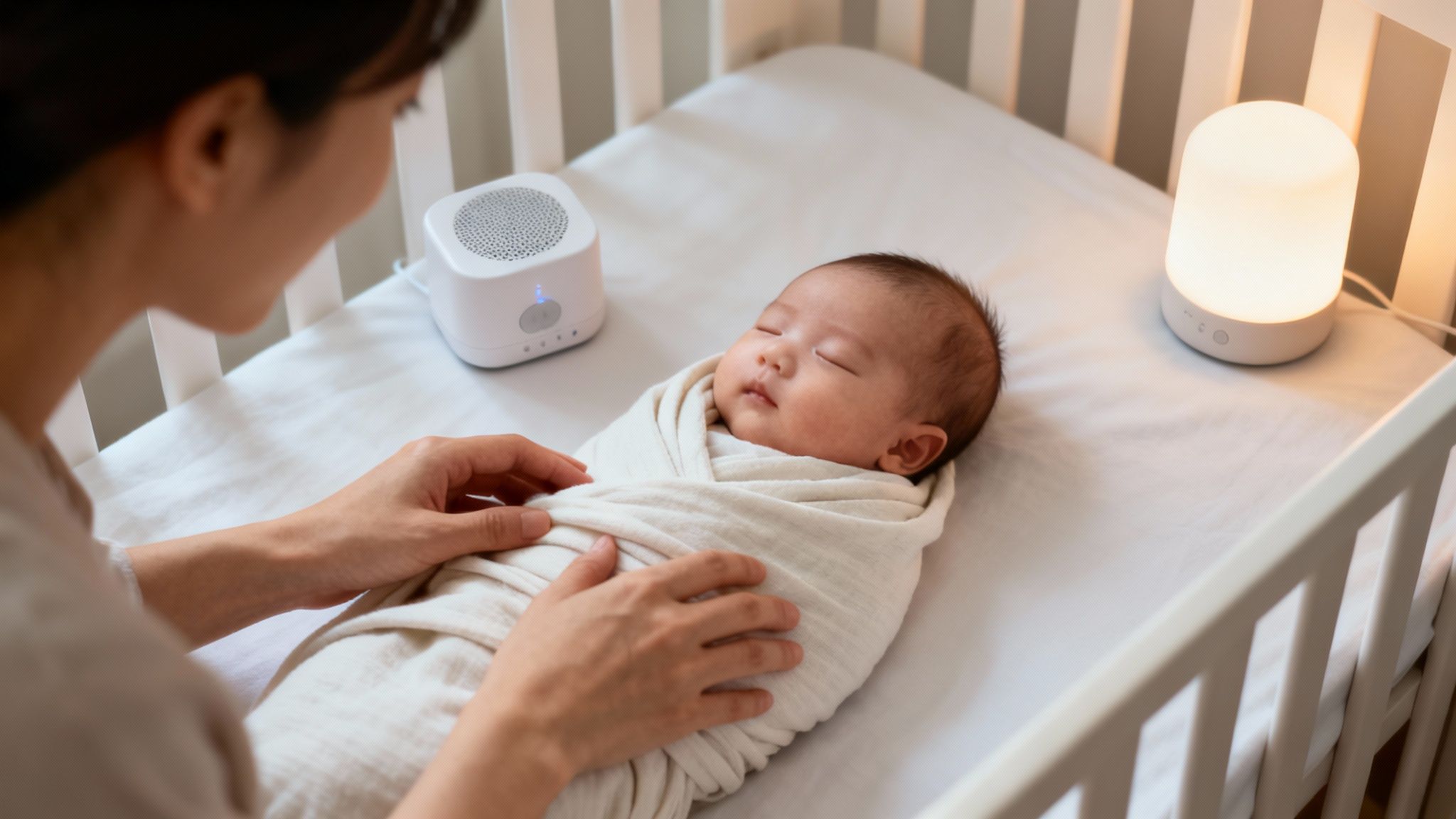 A mother looks at her swaddled newborn baby sleeping peacefully in a white crib with a night light and sound machine.