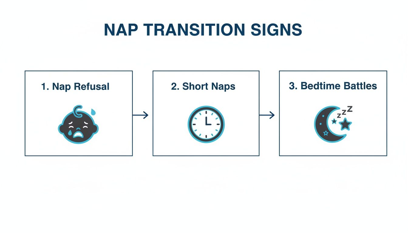 Infographic showing three nap transition signs: nap refusal, short naps, and bedtime battles with icons.